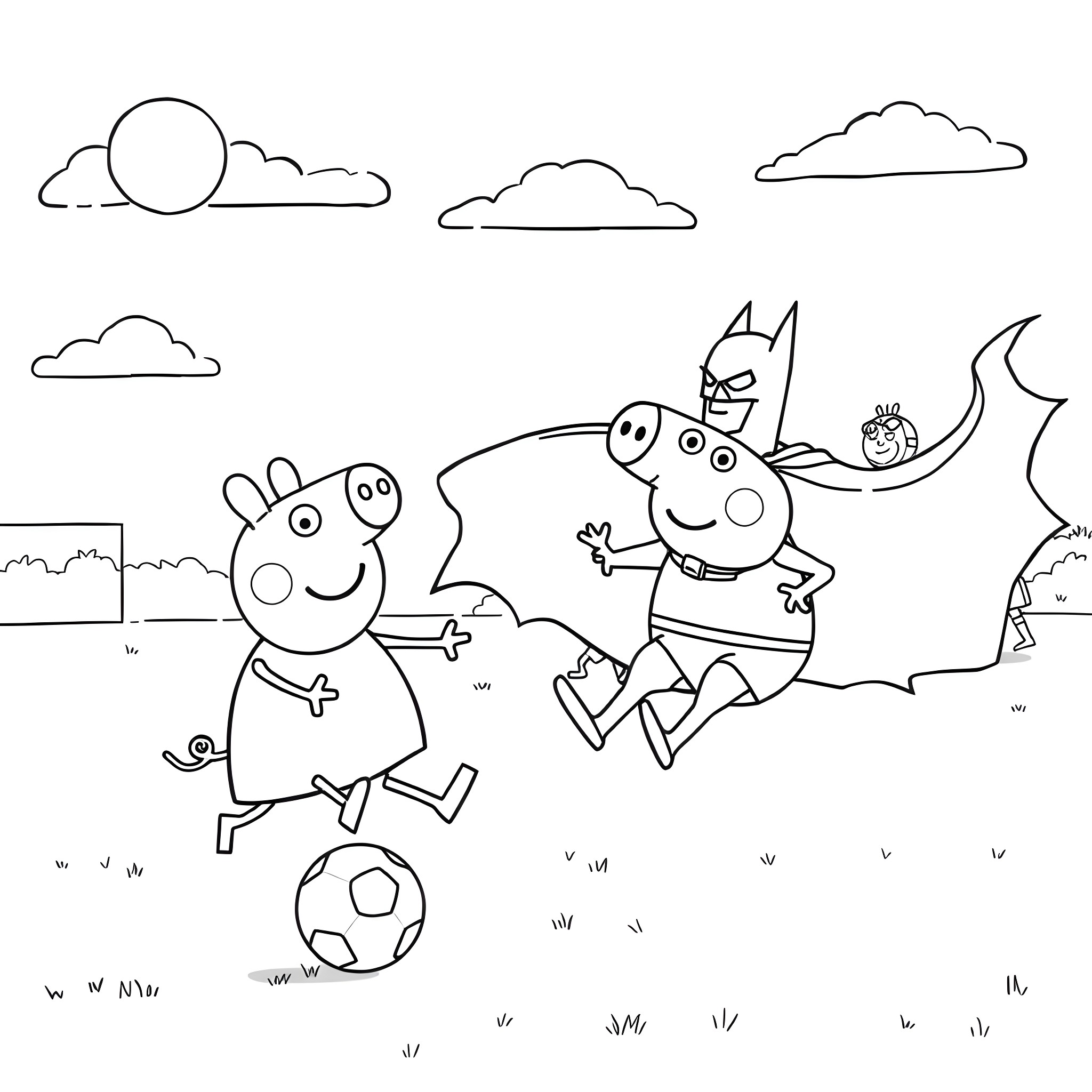 Peppa Pig and George playing with a soccer ball Coloring Page (free black-and-white line drawing printable PDF for all, from beginners to advanced learners, including children, teens, adults, and seniors)