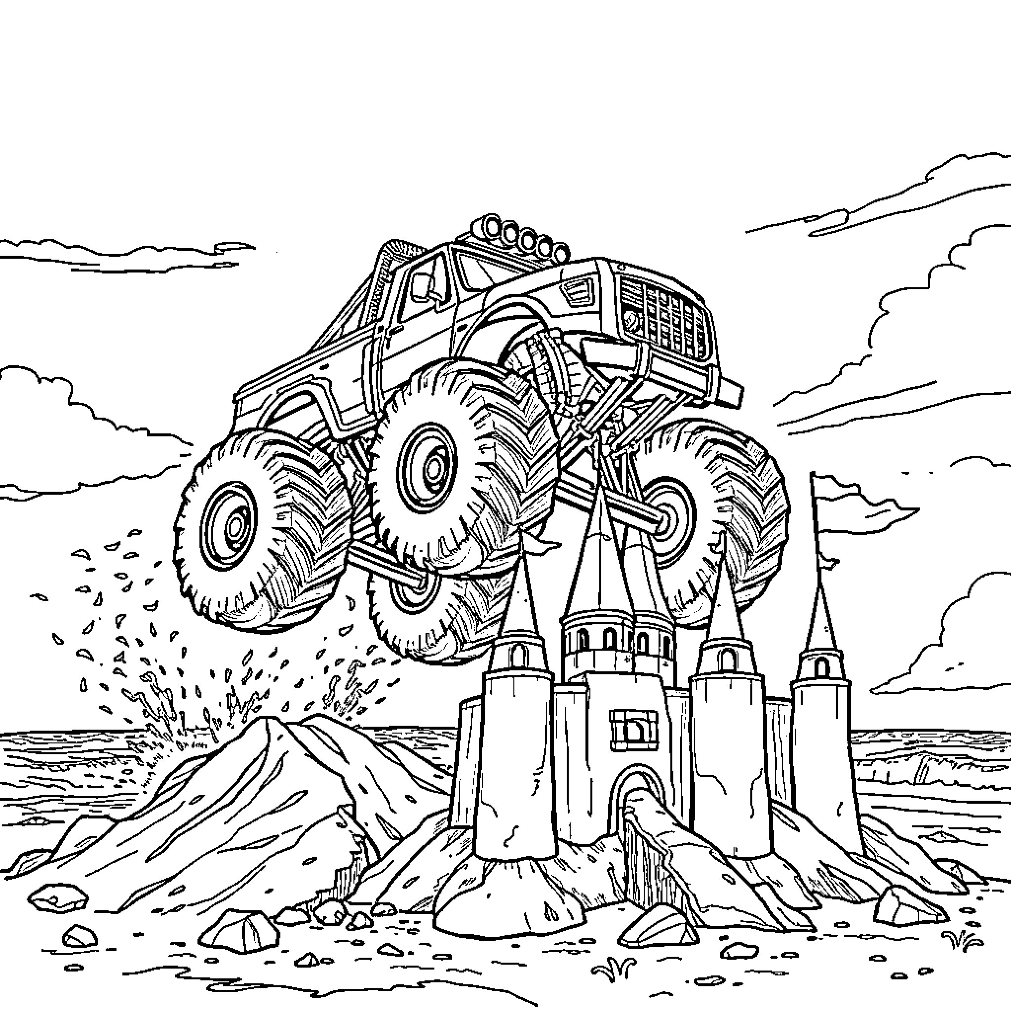 Monster Truck Crushing Castles in the Sky Coloring Page (free black-and-white line drawing printable PDF for all, from beginners to advanced learners, including children, teens, adults, and seniors)