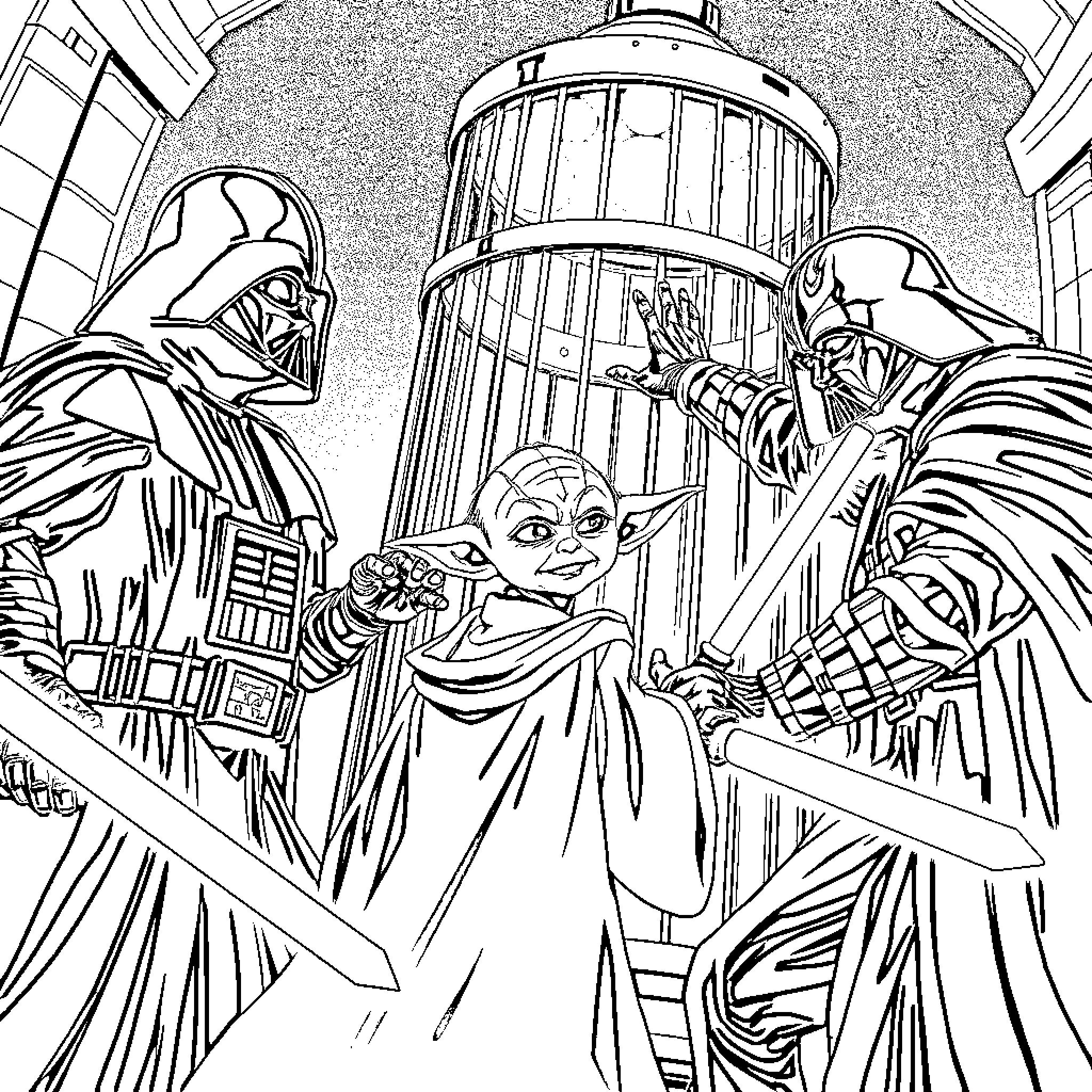 Darth Vader and the Jedi Captive Coloring Page (free black-and-white line drawing printable PDF for all, from beginners to advanced learners, including children, teens, adults, and seniors)