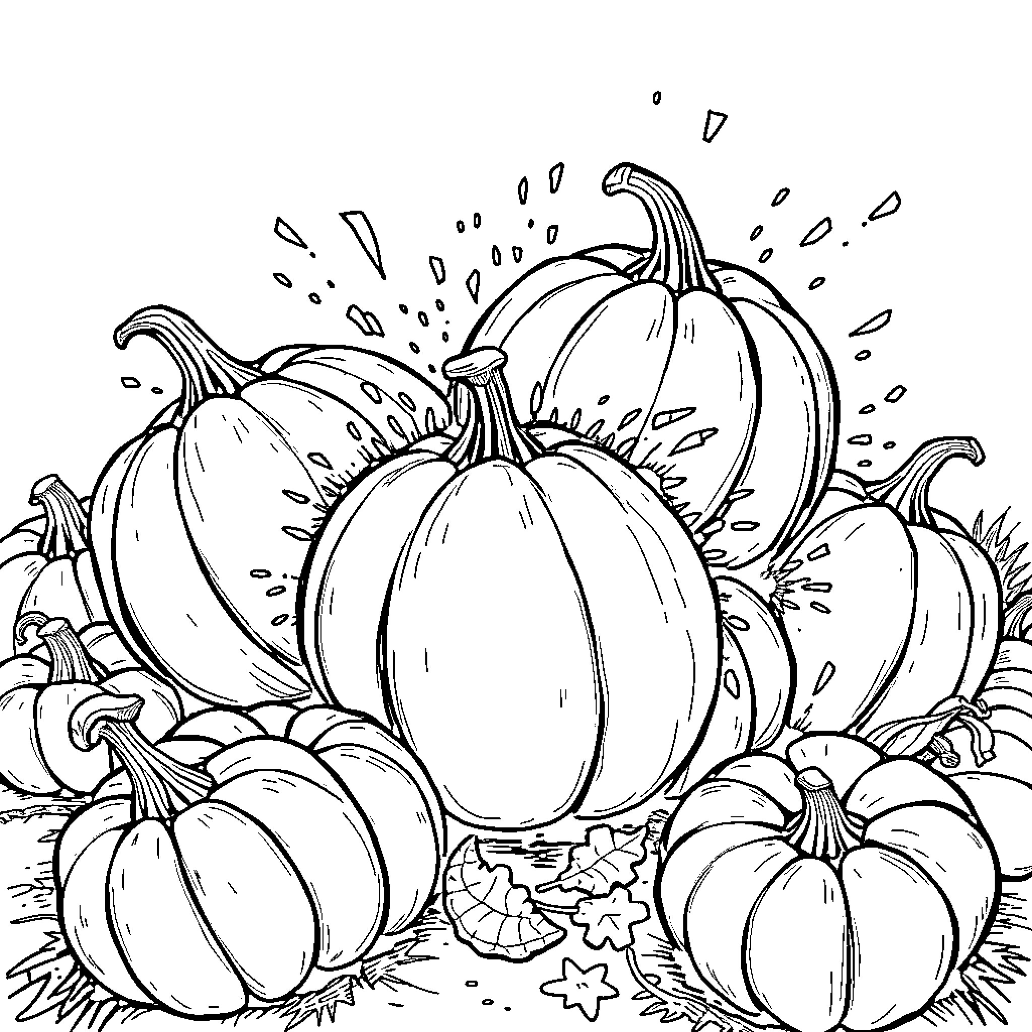 Pumpkin Patch Harvest Bounty Coloring Page (free black-and-white line drawing printable PDF for all, from beginners to advanced learners, including children, teens, adults, and seniors)