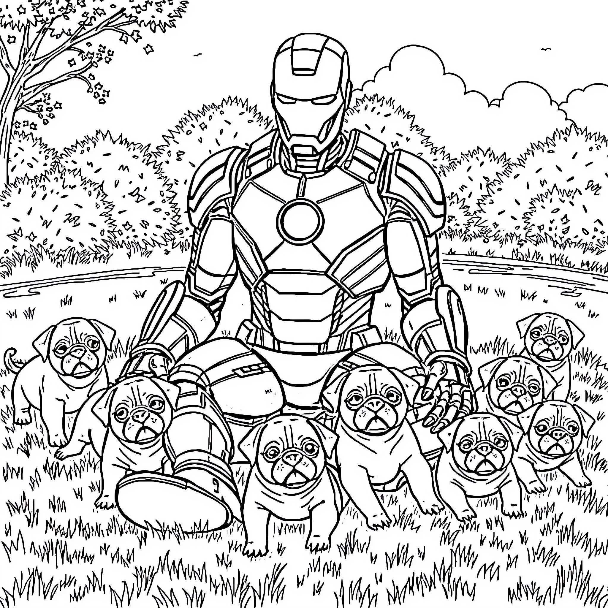 Iron Man surrounded by playful pugs in the outdoors Coloring Page (free black-and-white line drawing printable PDF for all, from beginners to advanced learners, including children, teens, adults, and seniors)