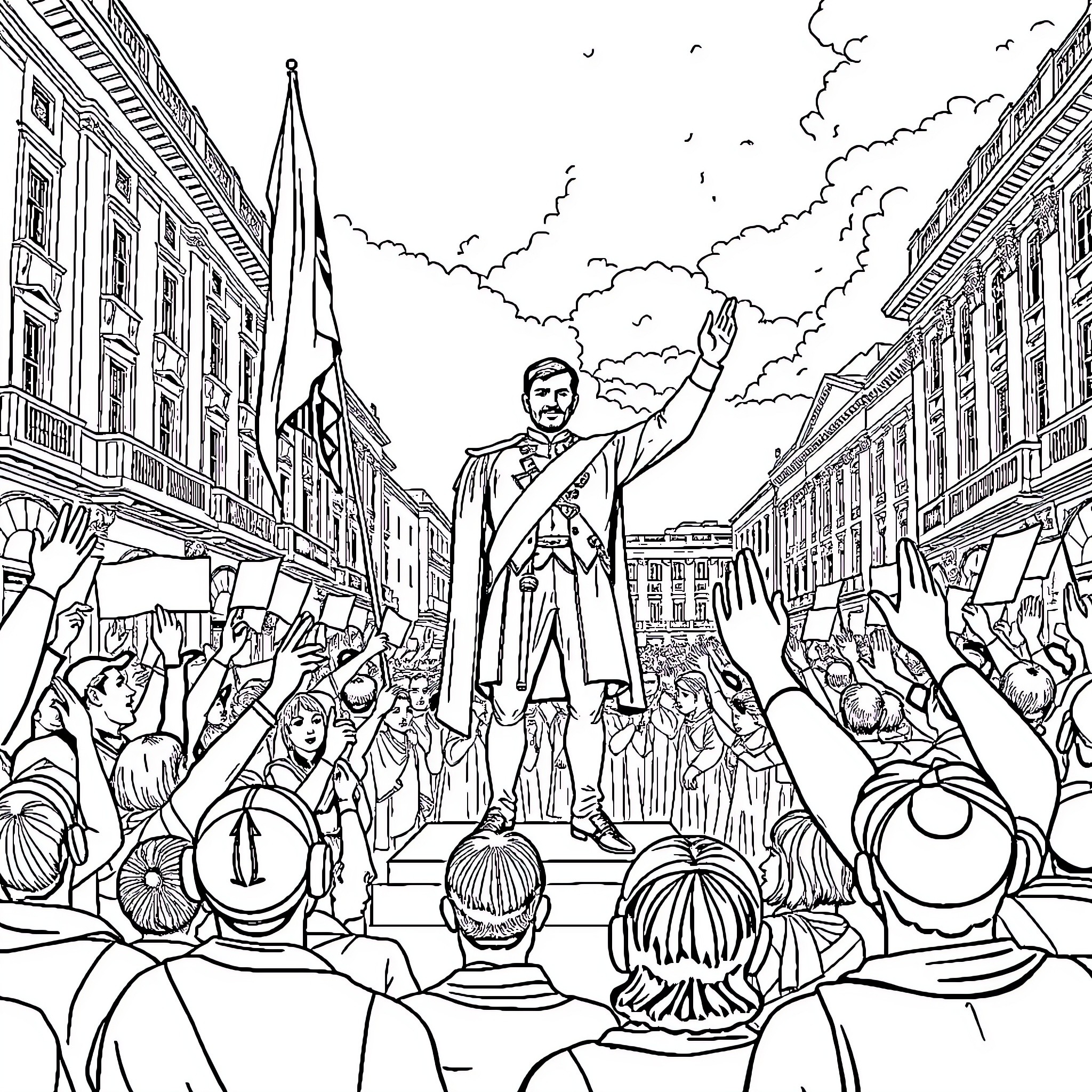 Don José de San Martín leading a crowd in a rally Coloring Page (free black-and-white line drawing printable PDF for all, from beginners to advanced learners, including children, teens, adults, and seniors)