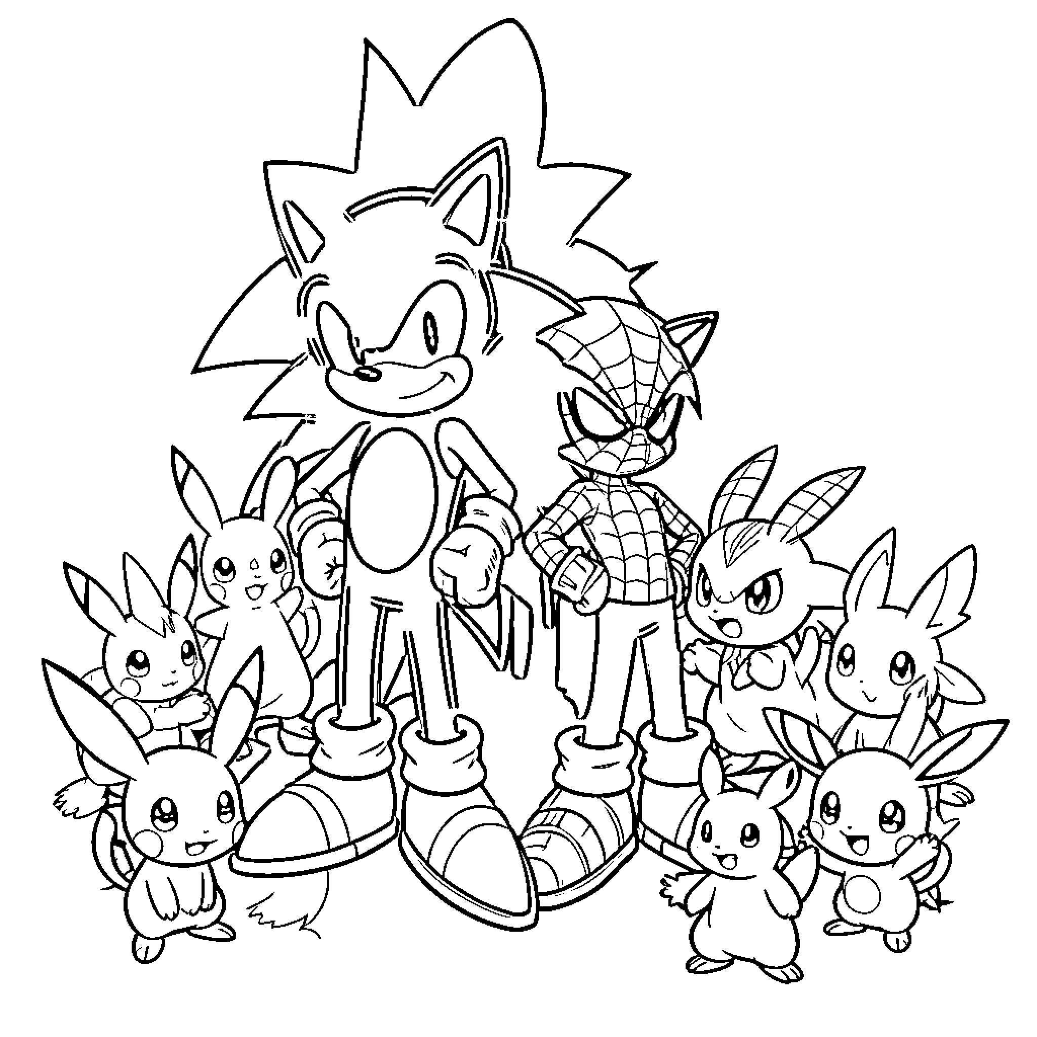 Shadow of heroic characters standing together in a group Coloring Page (free black-and-white line drawing printable PDF for all, from beginners to advanced learners, including children, teens, adults, and seniors)