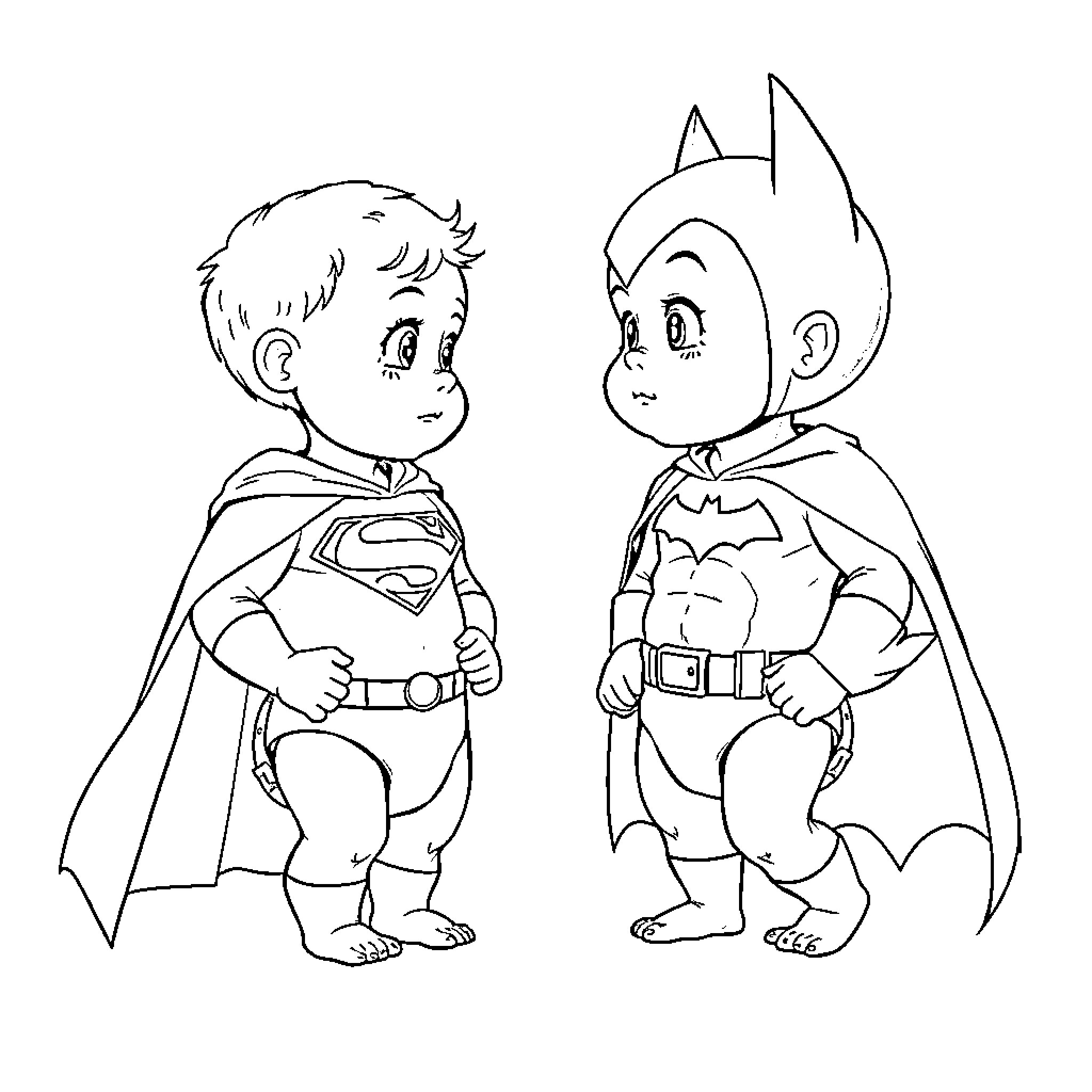 Superman and Batman as young friends Coloring Page (free black-and-white line drawing printable PDF for all, from beginners to advanced learners, including children, teens, adults, and seniors)