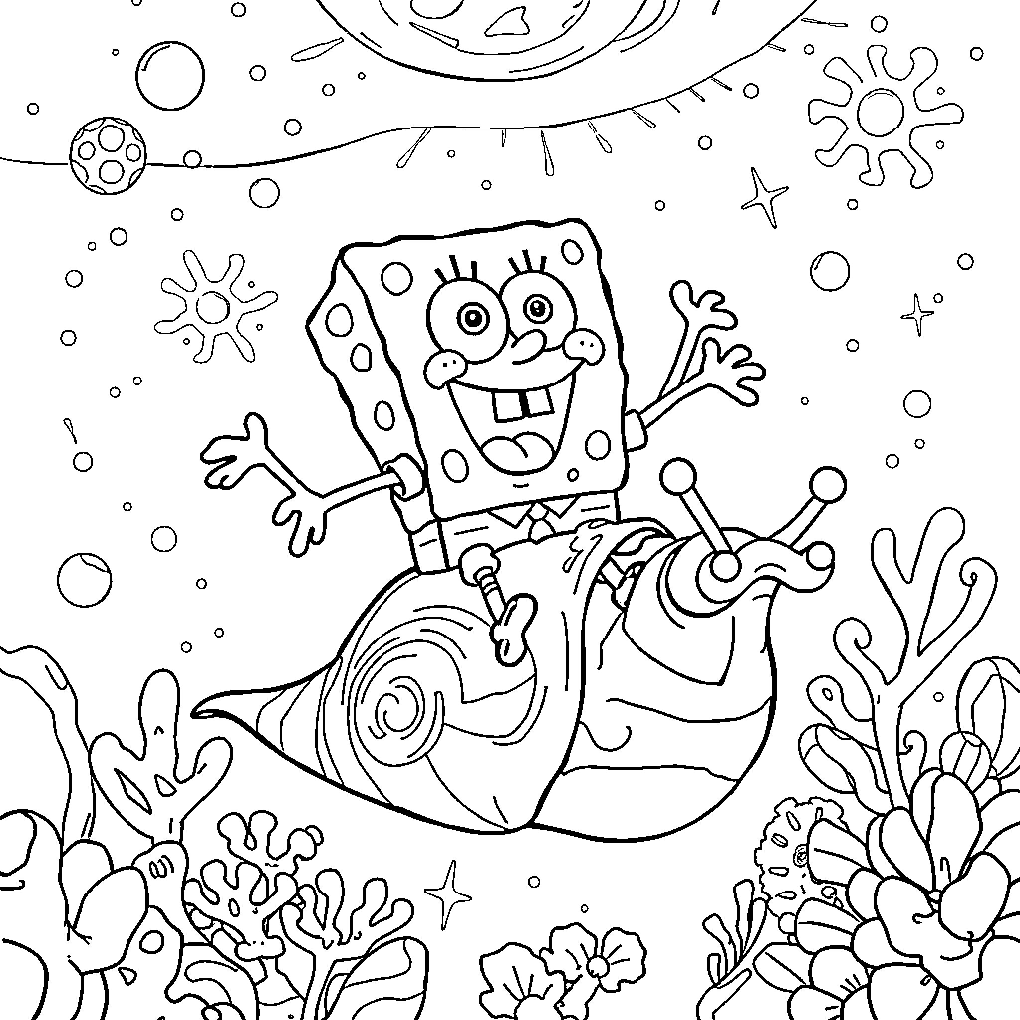 Spongebob's Underwater Adventure with Snail Coloring Page (free black-and-white line drawing printable PDF for all, from beginners to advanced learners, including children, teens, adults, and seniors)