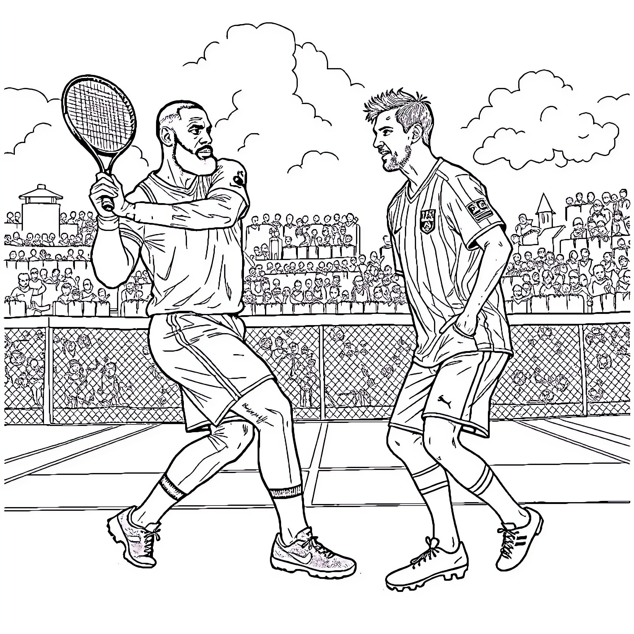 LeBron James and Opponent Play Intense Tennis Match Coloring Page (free black-and-white line drawing printable PDF for all, from beginners to advanced learners, including children, teens, adults, and seniors)