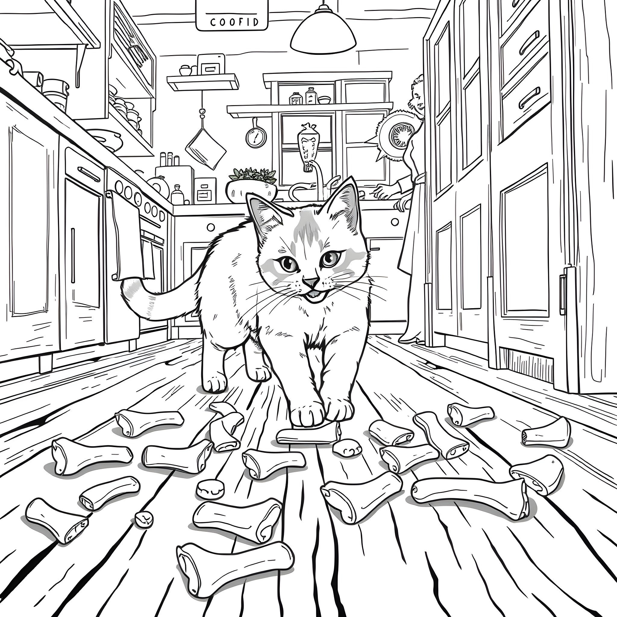 Cat exploring a cluttered kitchen Coloring Page (free black-and-white line drawing printable PDF for all, from beginners to advanced learners, including children, teens, adults, and seniors)