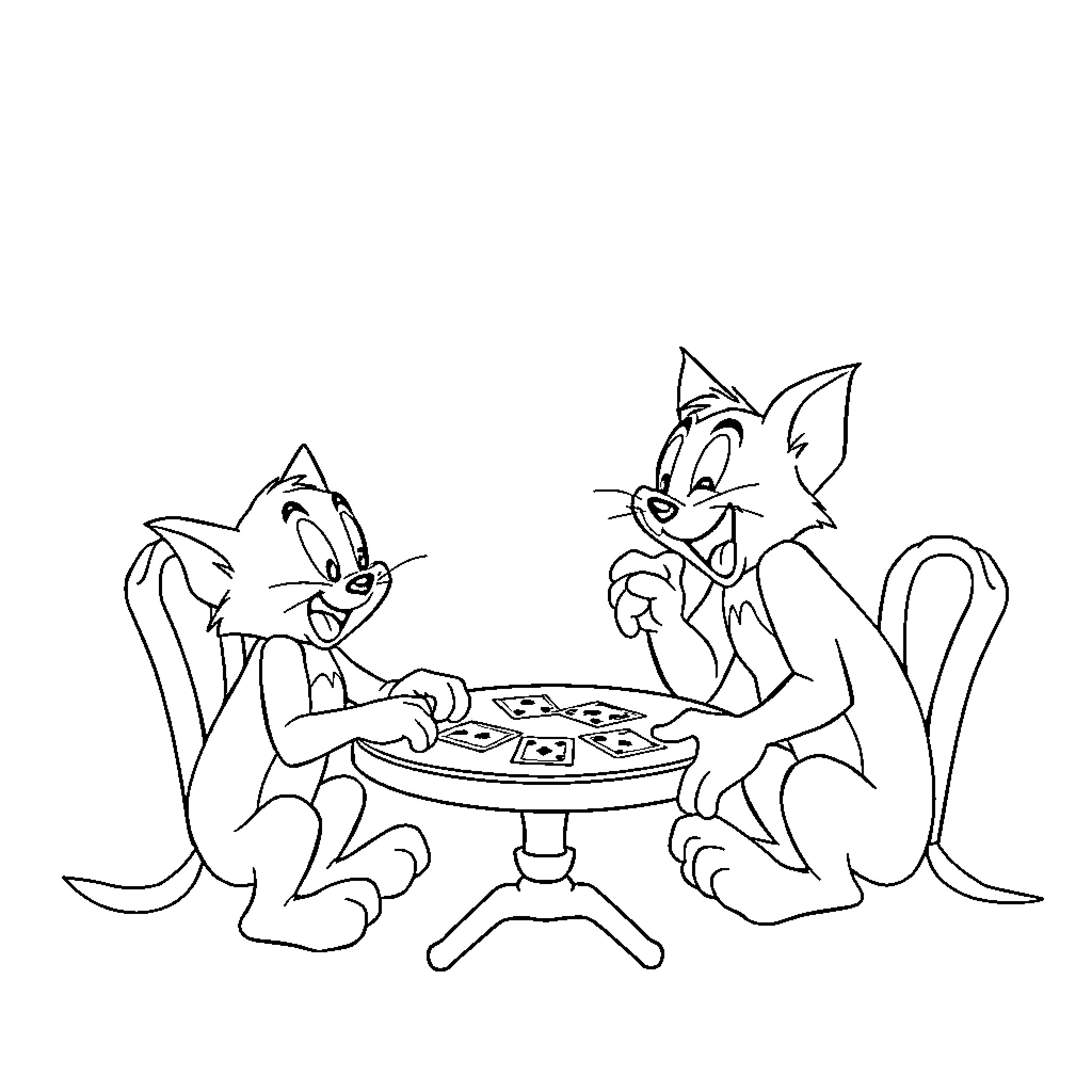 Tom and Jerry Playing Card Game Together Coloring Page (free black-and-white line drawing printable PDF for all, from beginners to advanced learners, including children, teens, adults, and seniors)