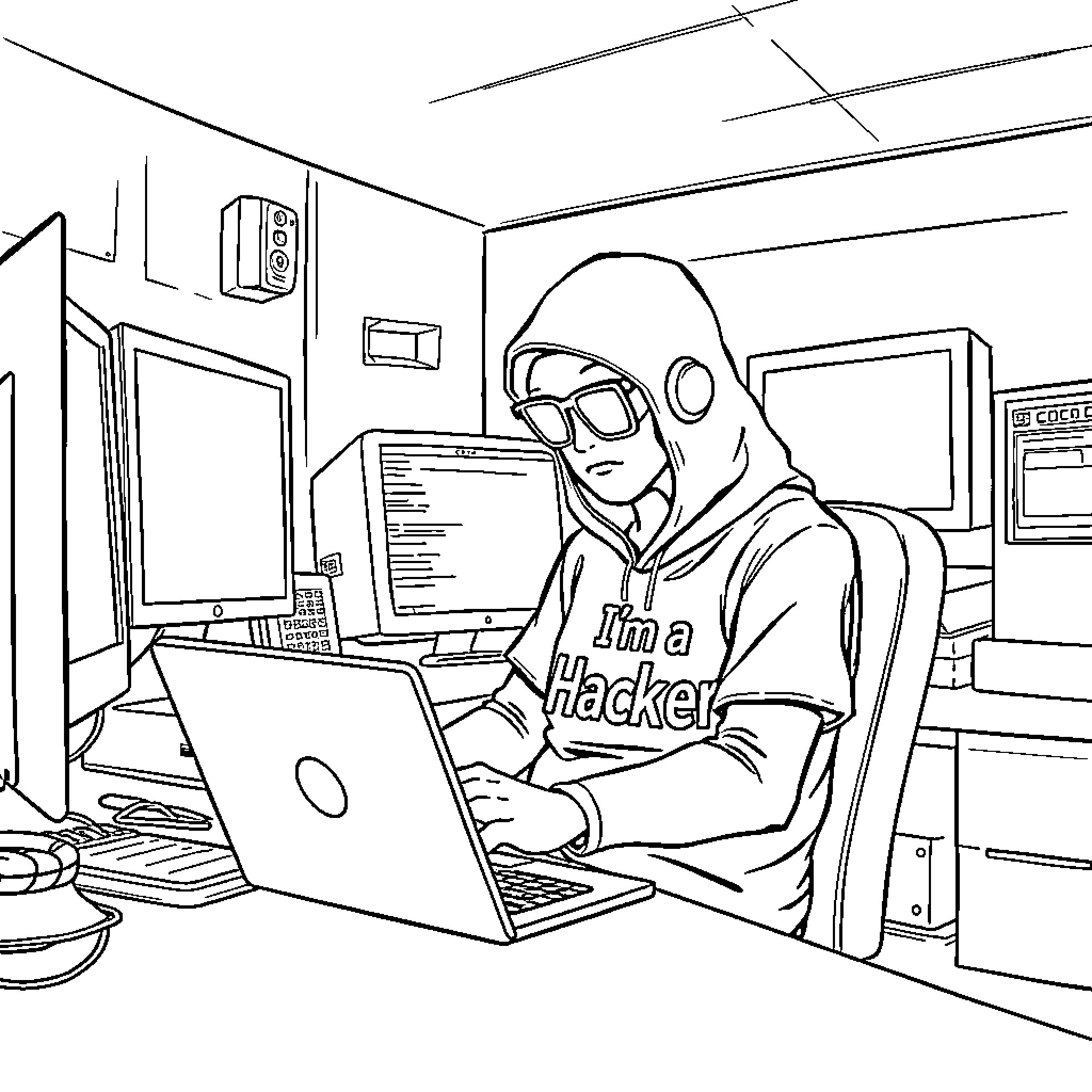Hacker in Cyber Workspace Intently Focused on Laptop Coloring Page (free black-and-white line drawing printable PDF for all, from beginners to advanced learners, including children, teens, adults, and seniors)
