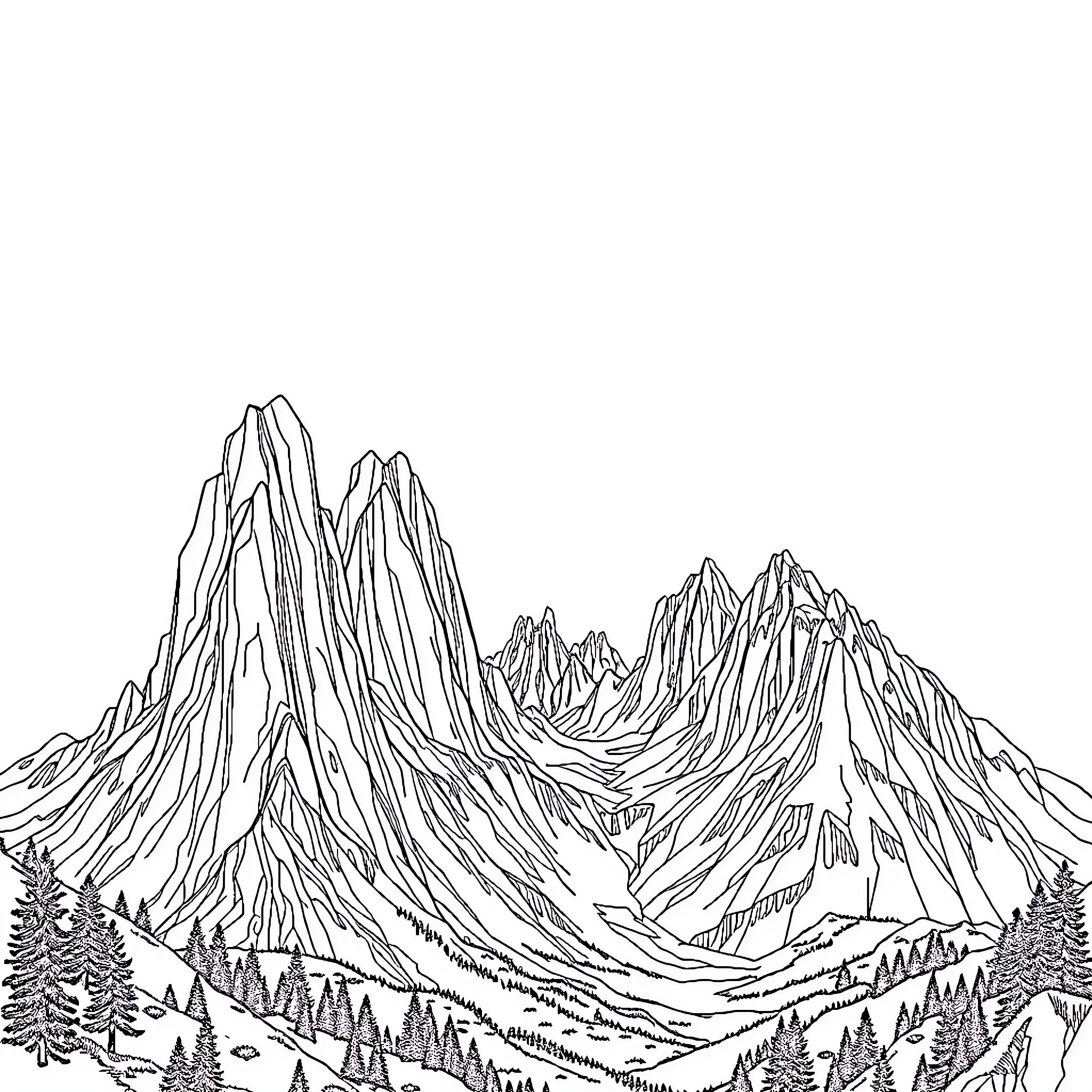 Mountain landscape with jagged peaks and pine trees Coloring Page (free black-and-white line drawing printable PDF for all, from beginners to advanced learners, including children, teens, adults, and seniors)
