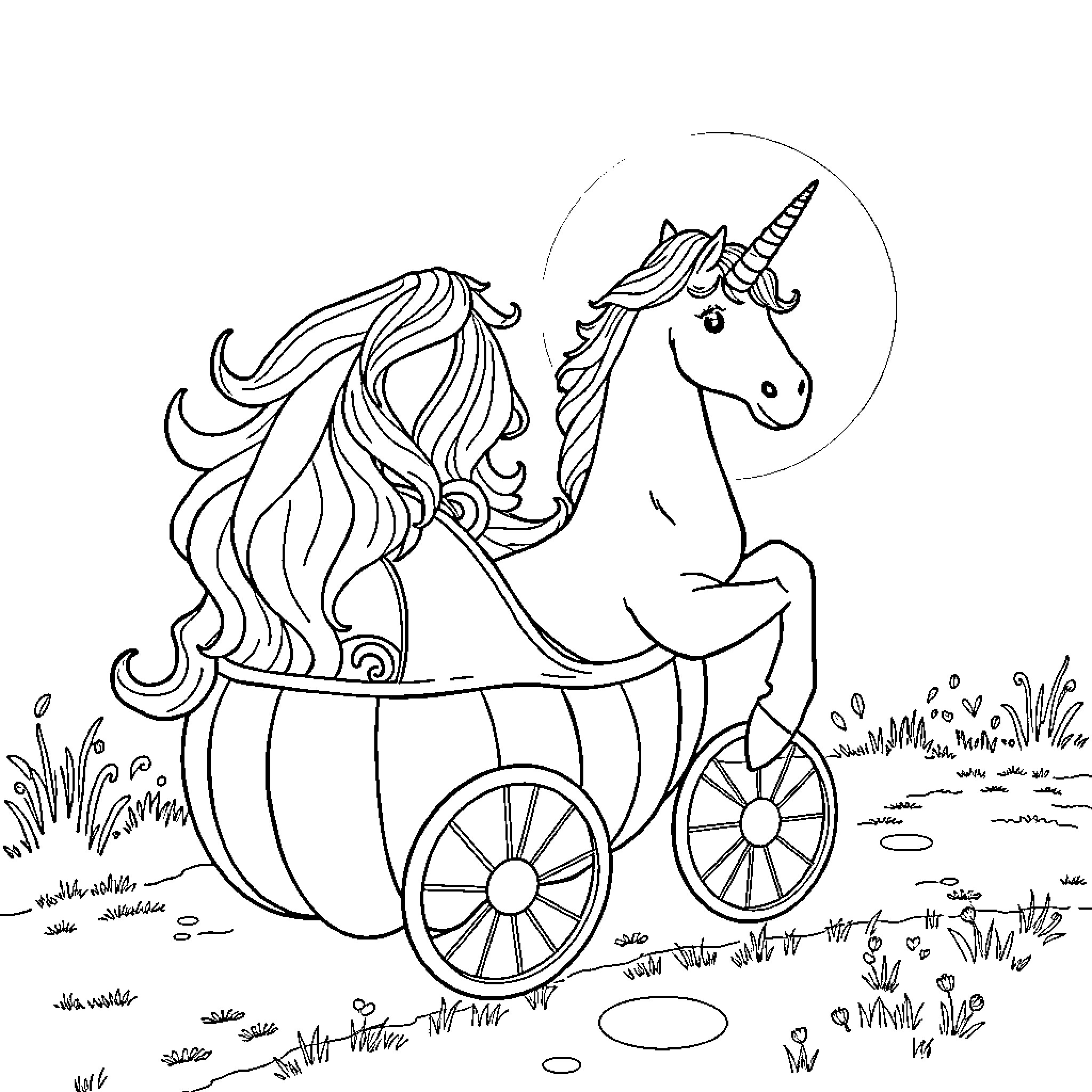 Unicorn pulling a carriage in a grassy field Coloring Page (free black-and-white line drawing printable PDF for all, from beginners to advanced learners, including children, teens, adults, and seniors)