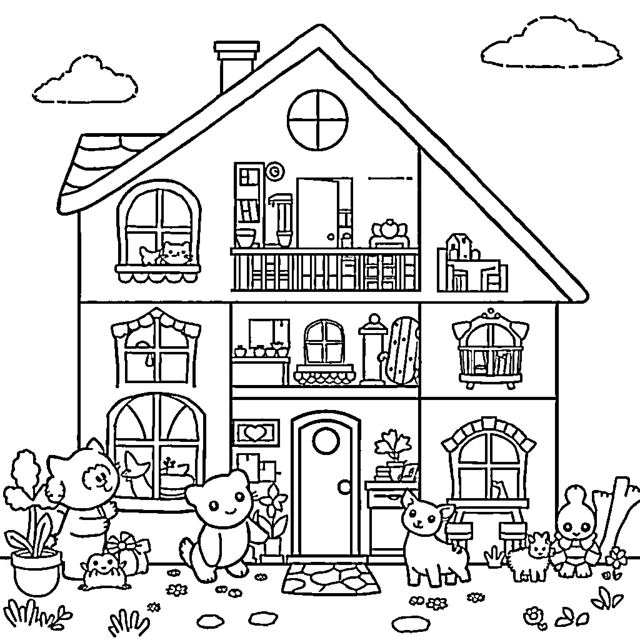 Dollhouse with cute characters and details Coloring Page (free black-and-white line drawing printable PDF for all, from beginners to advanced learners, including children, teens, adults, and seniors)