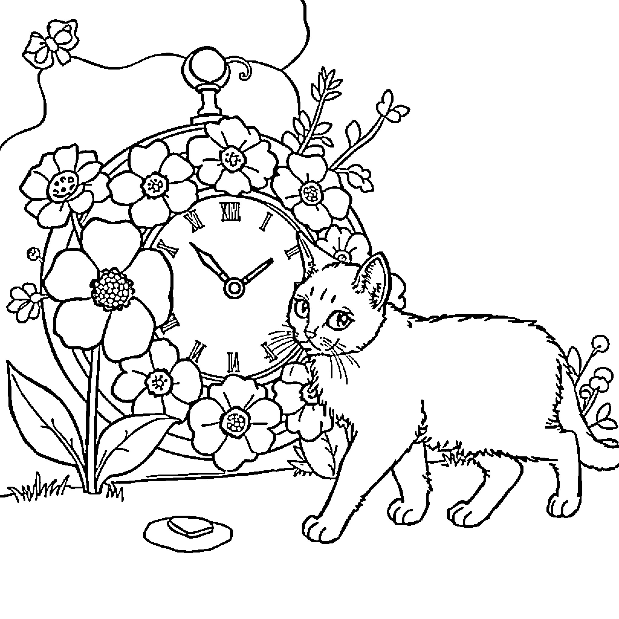 Cat Playing Among Floral Decorations with Clock Coloring Page (free black-and-white line drawing printable PDF for all, from beginners to advanced learners, including children, teens, adults, and seniors)
