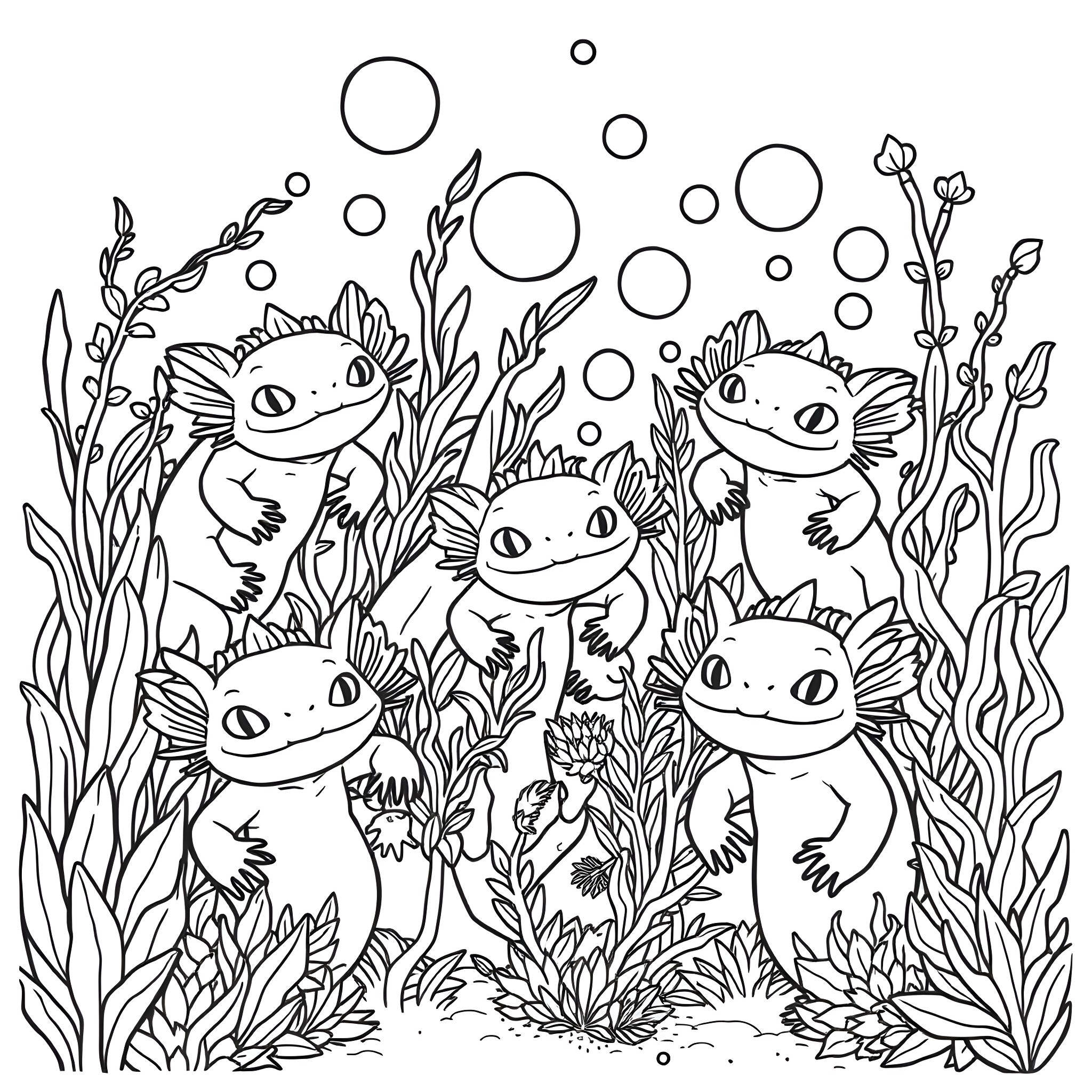 Axolotls swimming in an underwater scene Coloring Page (free black-and-white line drawing printable PDF for all, from beginners to advanced learners, including children, teens, adults, and seniors)