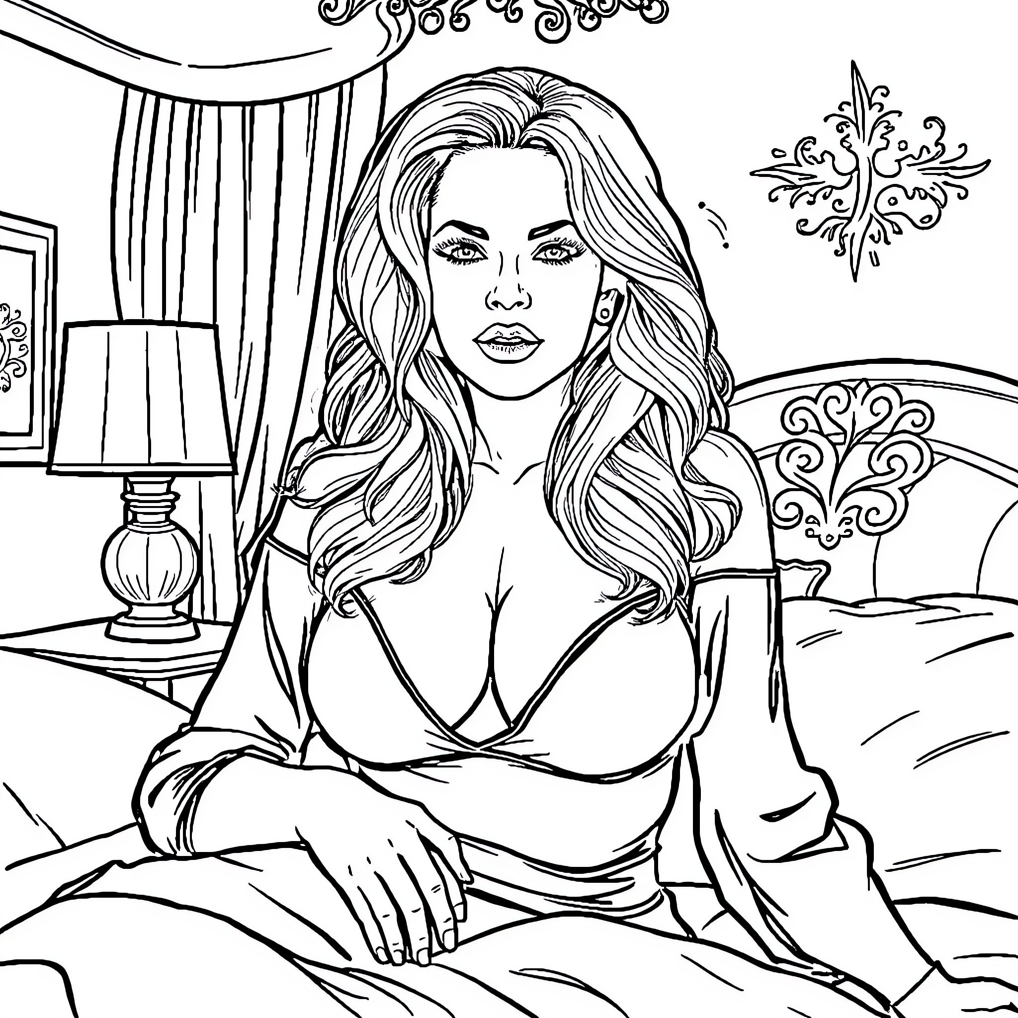 Pamela Anderson sitting serenely in luxurious bedroom Coloring Page (free black-and-white line drawing printable PDF for all, from beginners to advanced learners, including children, teens, adults, and seniors)