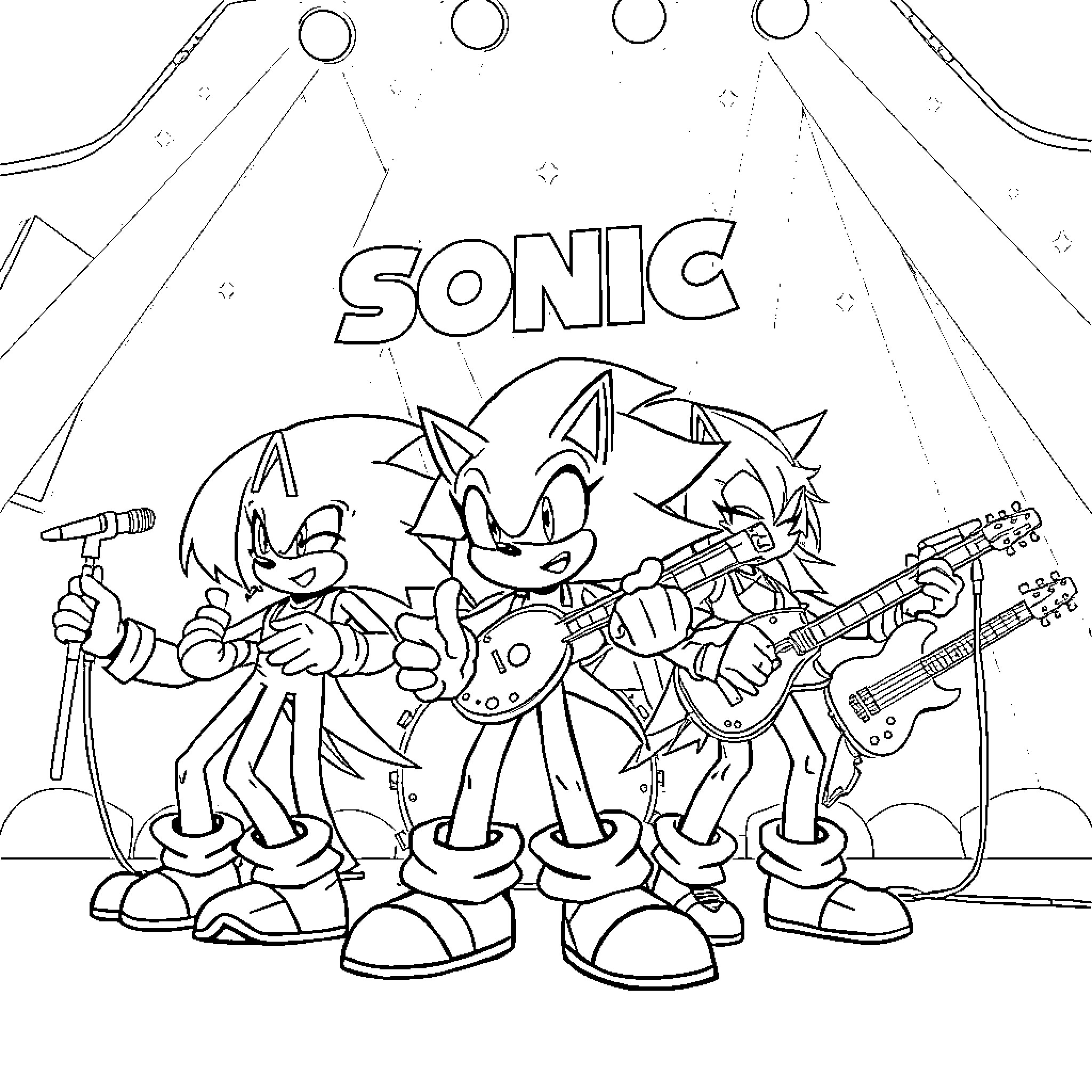 Demon Hunter Sonic and Friends Rock the Stage Coloring Page (free black-and-white line drawing printable PDF for all, from beginners to advanced learners, including children, teens, adults, and seniors)