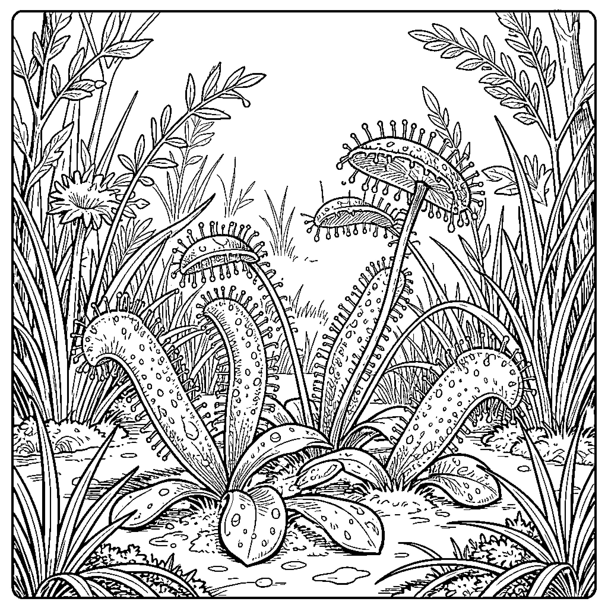 Drosera plants in an enchanting botanical garden Coloring Page (free black-and-white line drawing printable PDF for all, from beginners to advanced learners, including children, teens, adults, and seniors)