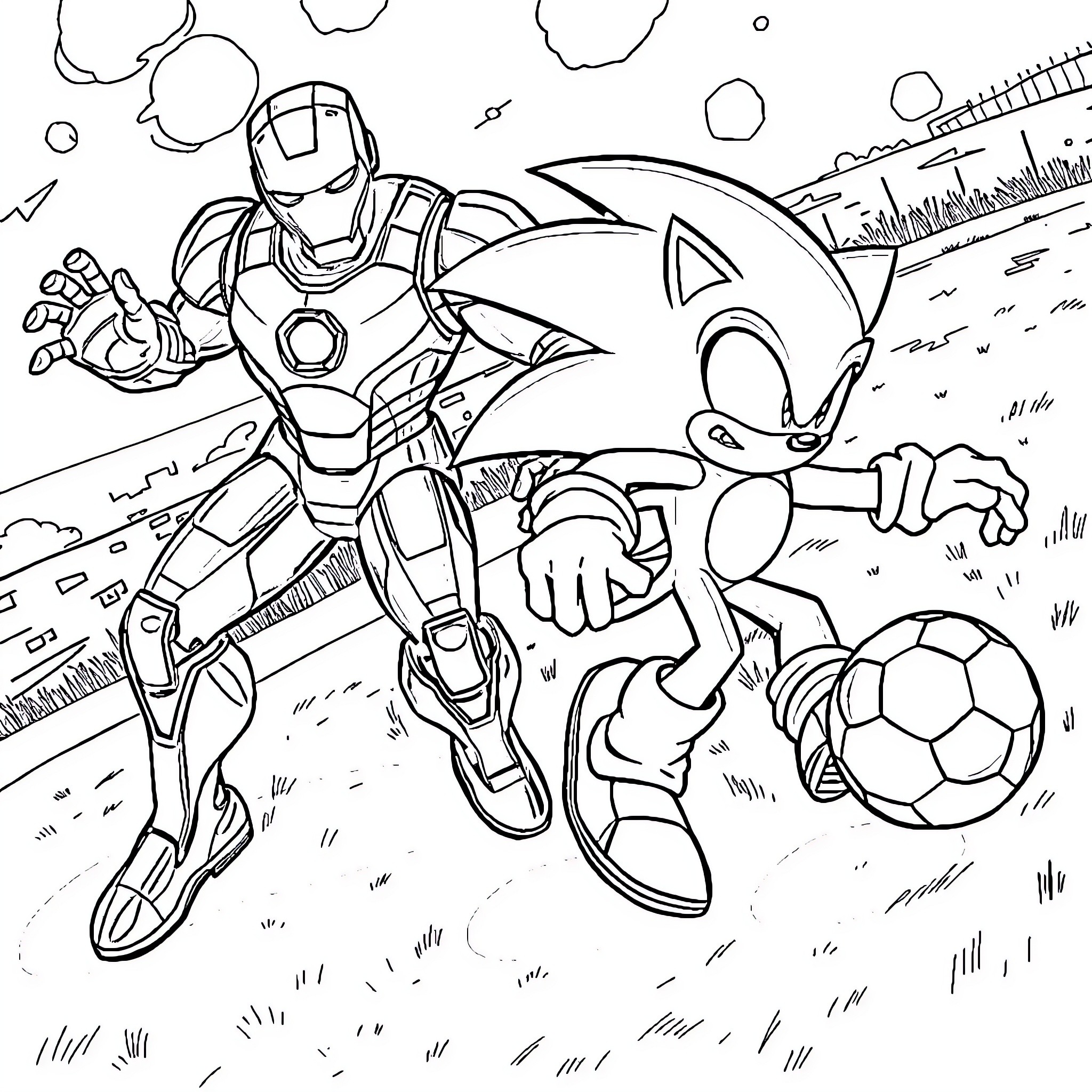 Sonic and Iron Man's Sports Adventure Coloring Page (free black-and-white line drawing printable PDF for all, from beginners to advanced learners, including children, teens, adults, and seniors)