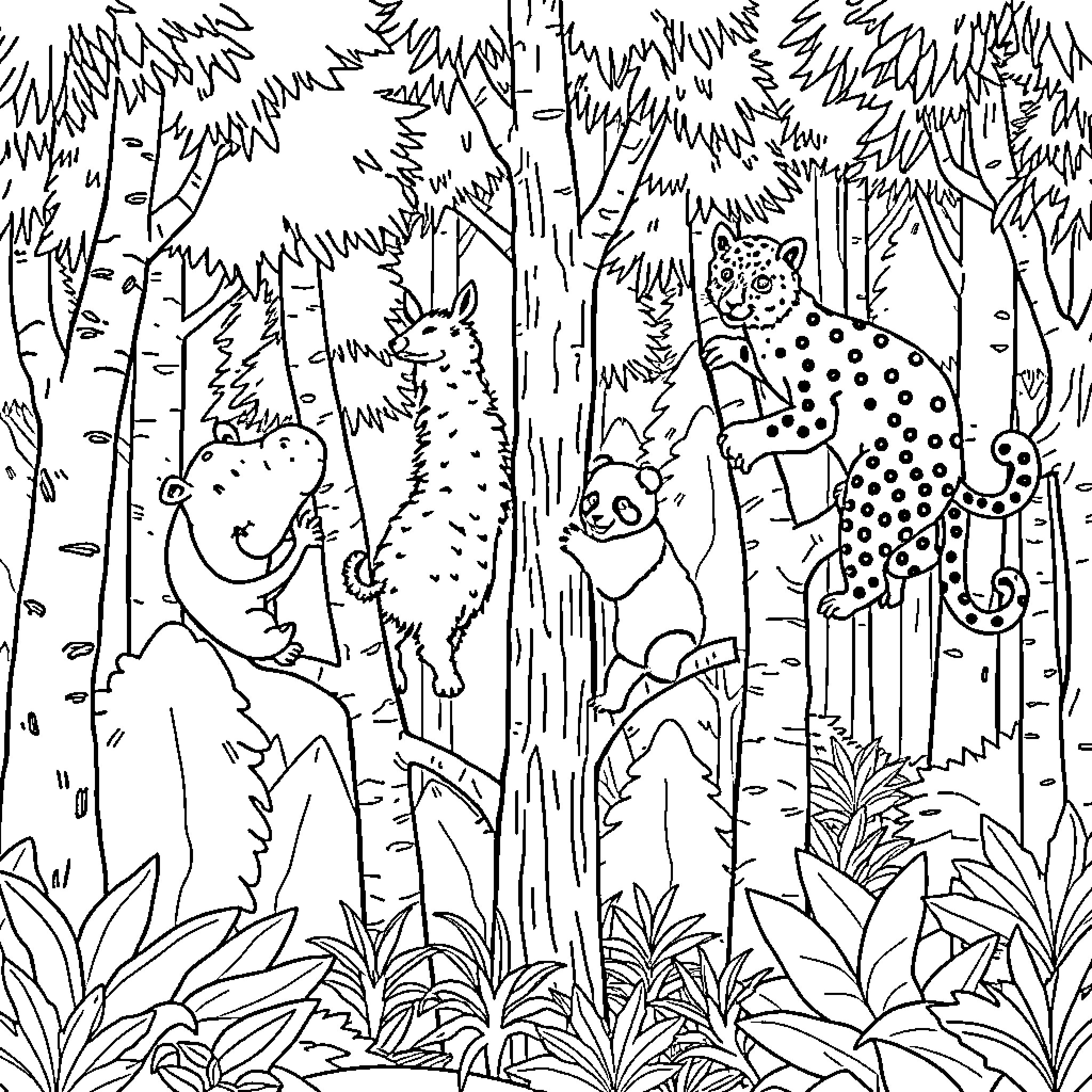 Hippo and Leopard Exploring the Enchanted Forest Coloring Page (free black-and-white line drawing printable PDF for all, from beginners to advanced learners, including children, teens, adults, and seniors)