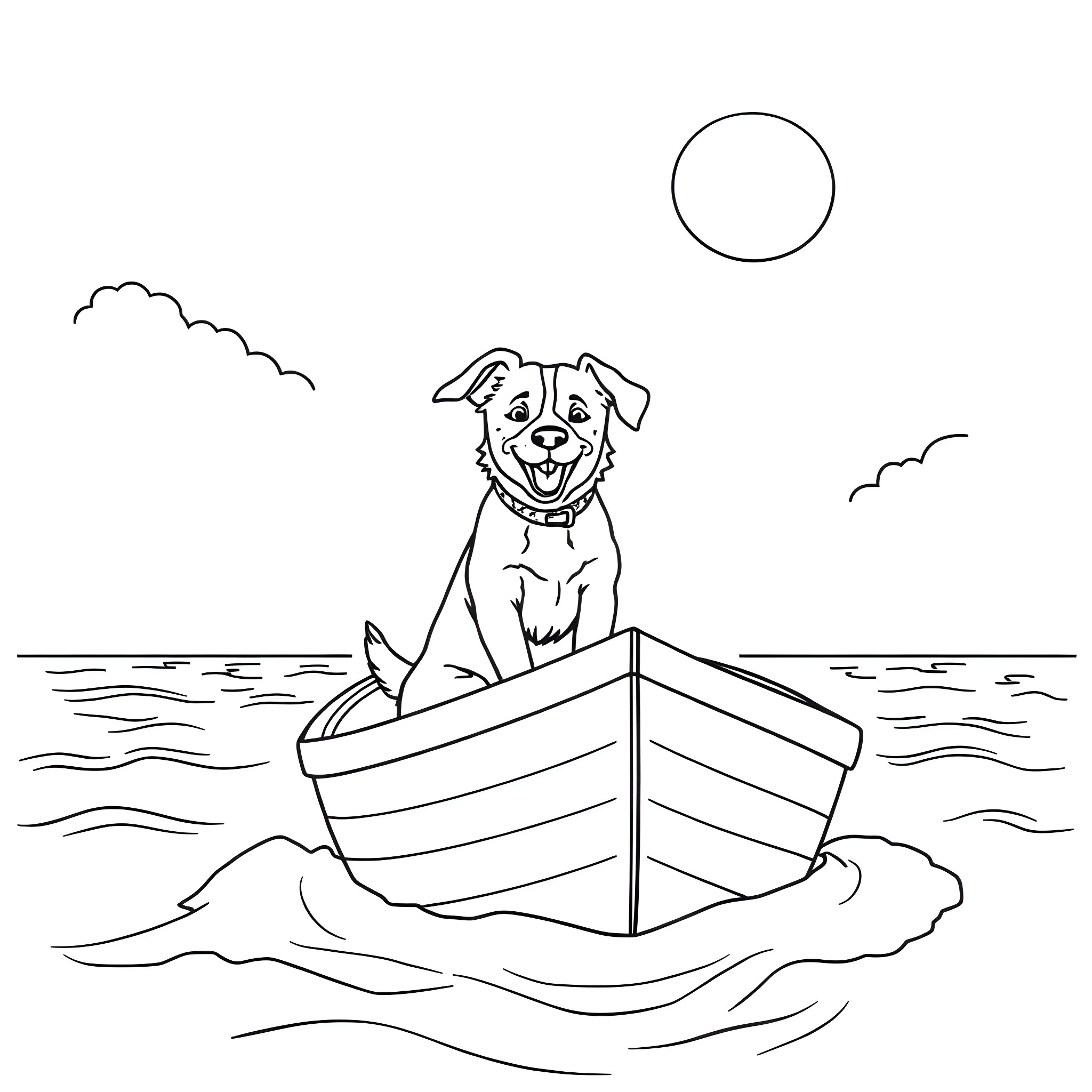 Dog enjoying a boat ride on the water Coloring Page (free black-and-white line drawing printable PDF for all, from beginners to advanced learners, including children, teens, adults, and seniors)