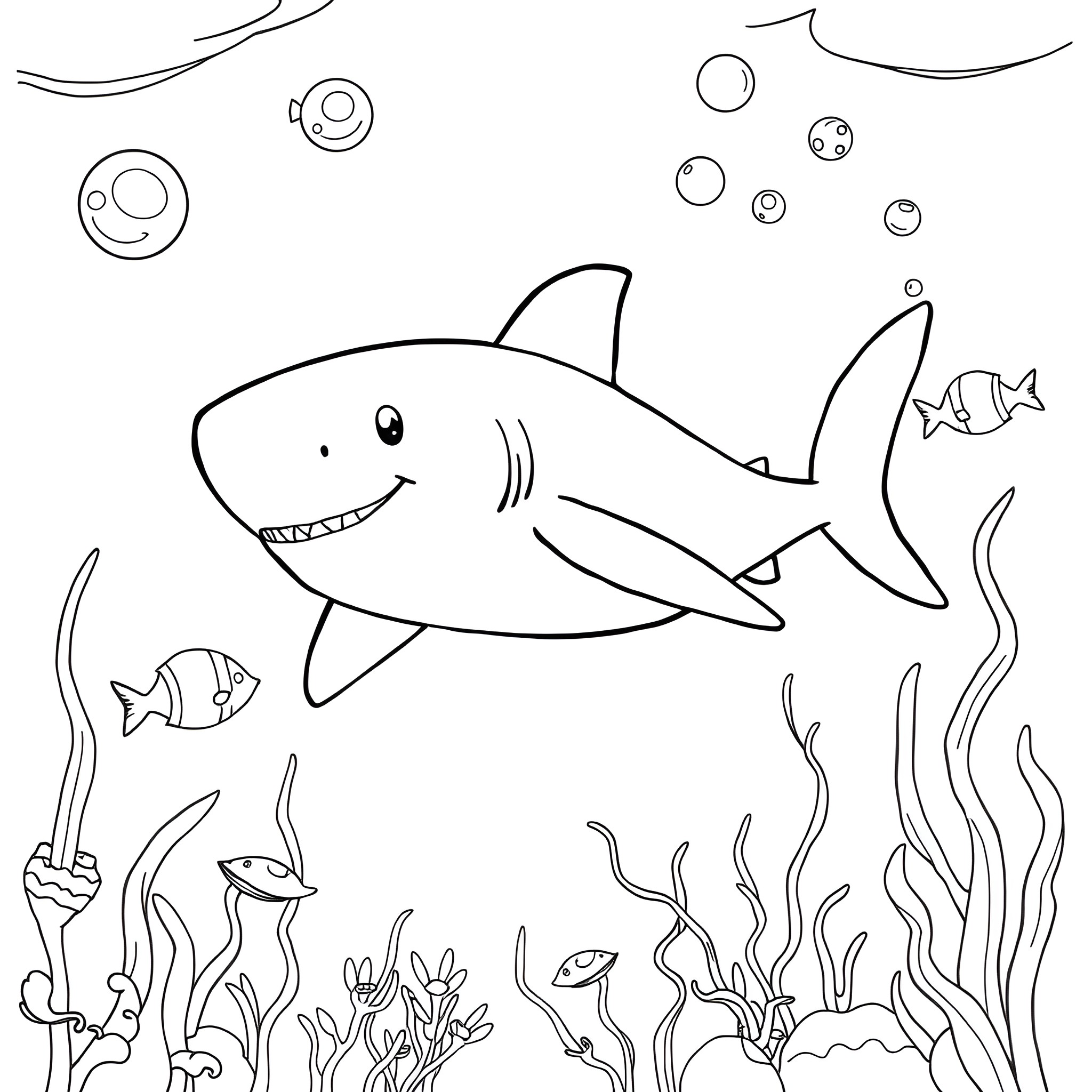 Baby Shark swimming happily with fish friends Coloring Page (free black-and-white line drawing printable PDF for all, from beginners to advanced learners, including children, teens, adults, and seniors)