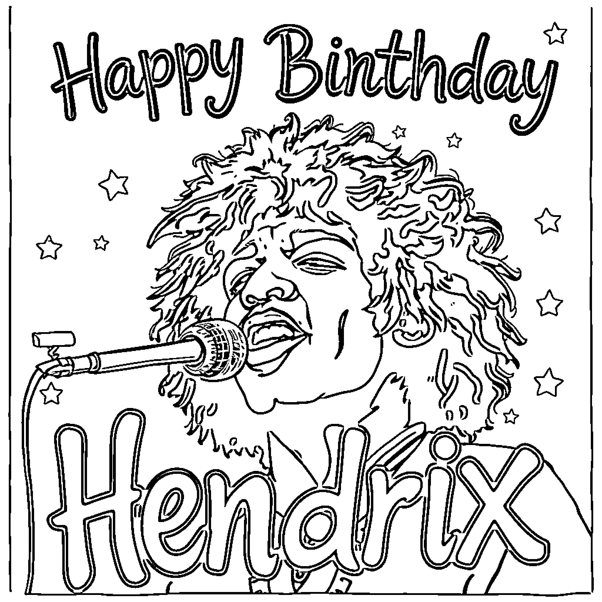 Birthday celebration with Hendrix-inspired music and style Coloring Page (free black-and-white line drawing printable PDF for all, from beginners to advanced learners, including children, teens, adults, and seniors)