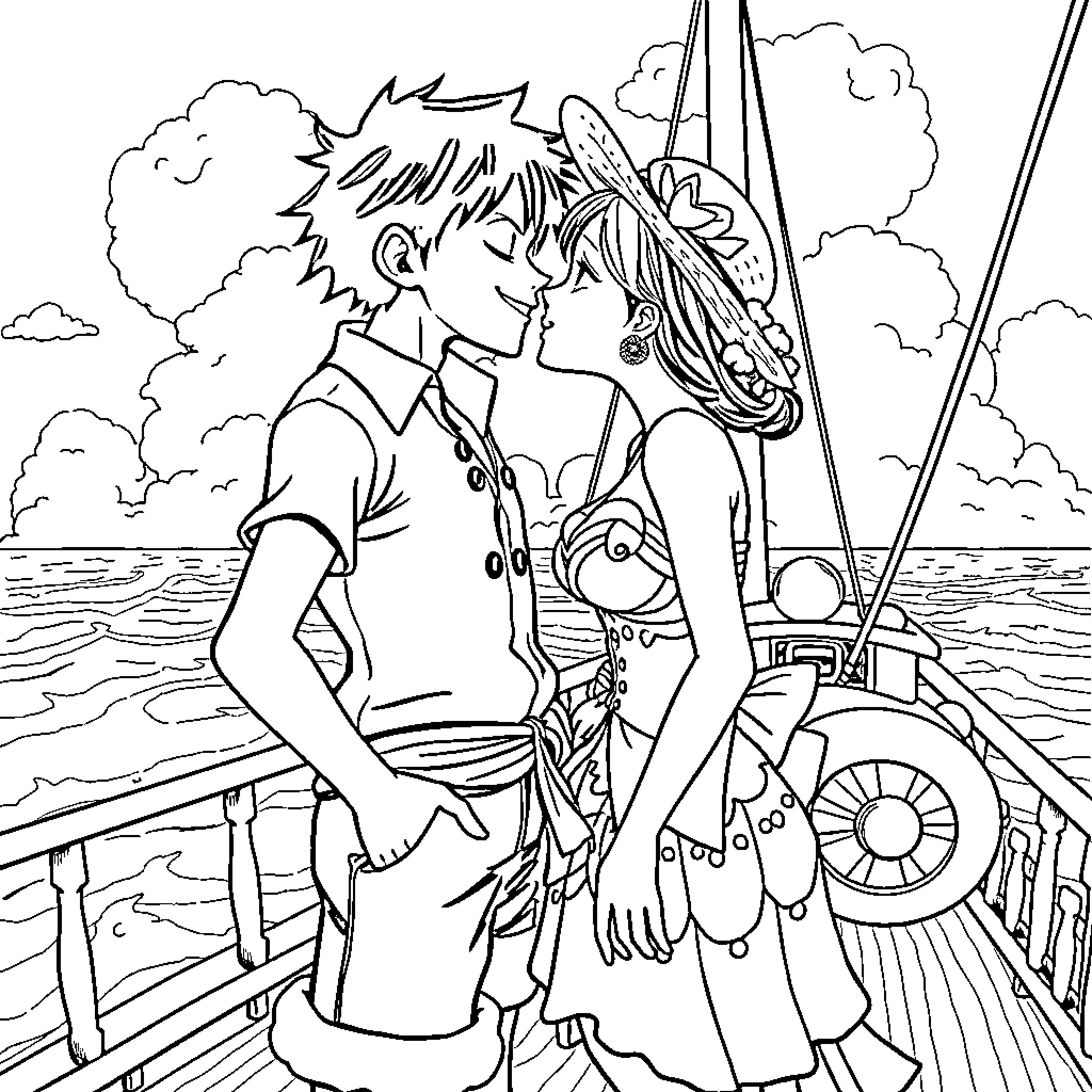 Monkey D Luffy's adventurous journey on the high seas Coloring Page (free black-and-white line drawing printable PDF for all, from beginners to advanced learners, including children, teens, adults, and seniors)