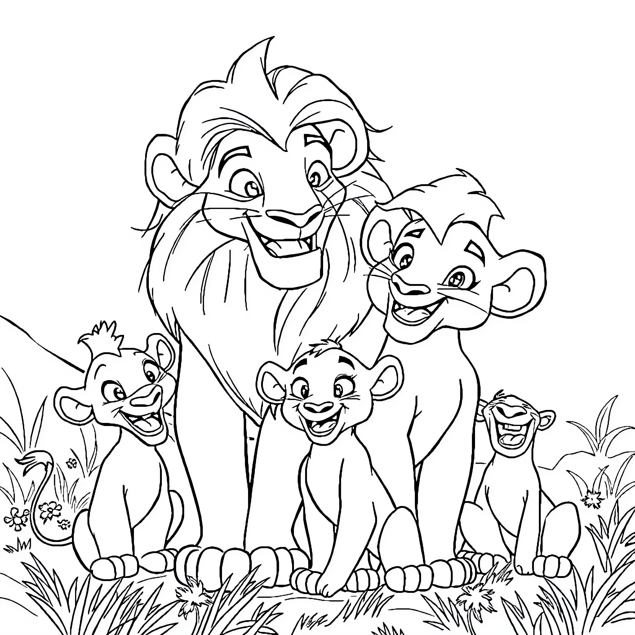 Simba's pride: a family of playful lion cubs Coloring Page (free black-and-white line drawing printable PDF for all, from beginners to advanced learners, including children, teens, adults, and seniors)