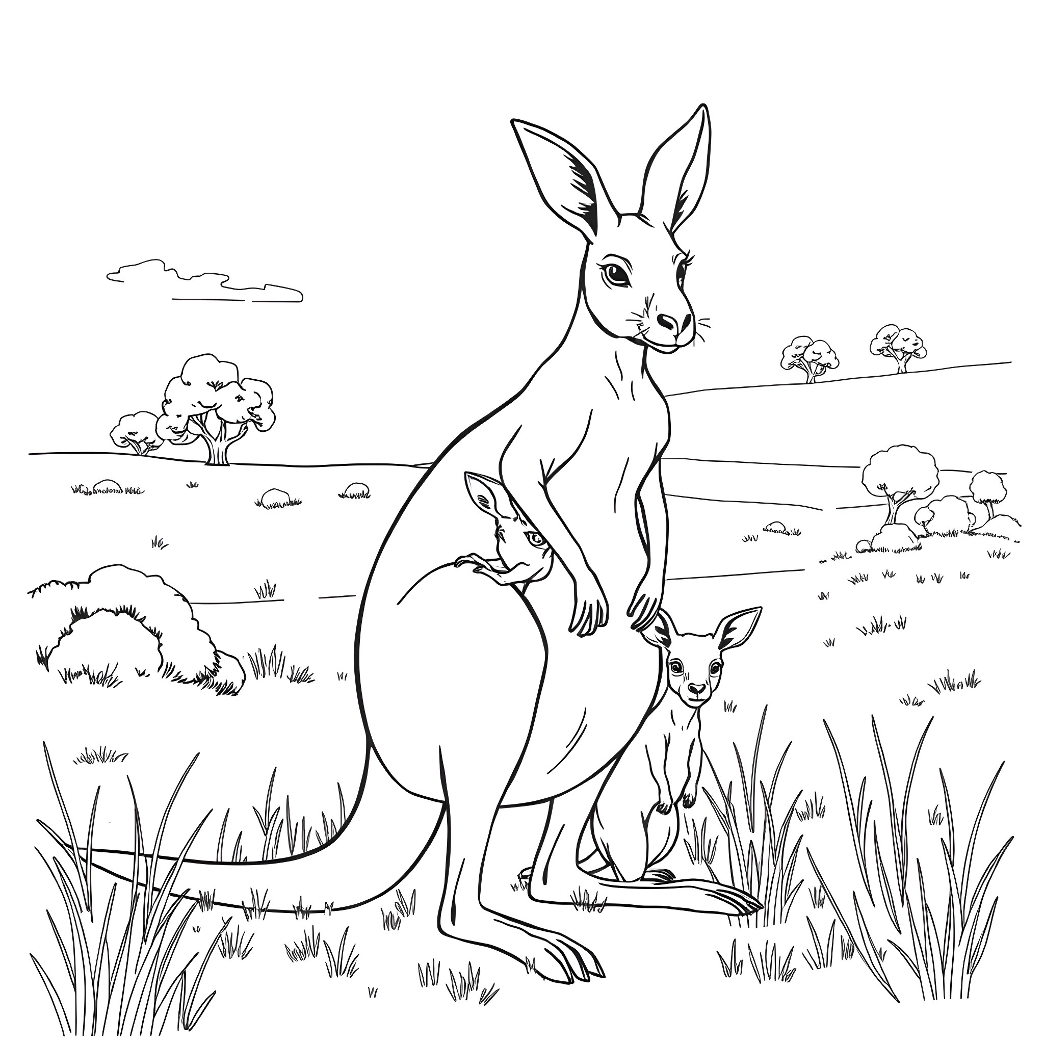 Kangaroo with baby in the wild landscape Coloring Page (free black-and-white line drawing printable PDF for all, from beginners to advanced learners, including children, teens, adults, and seniors)