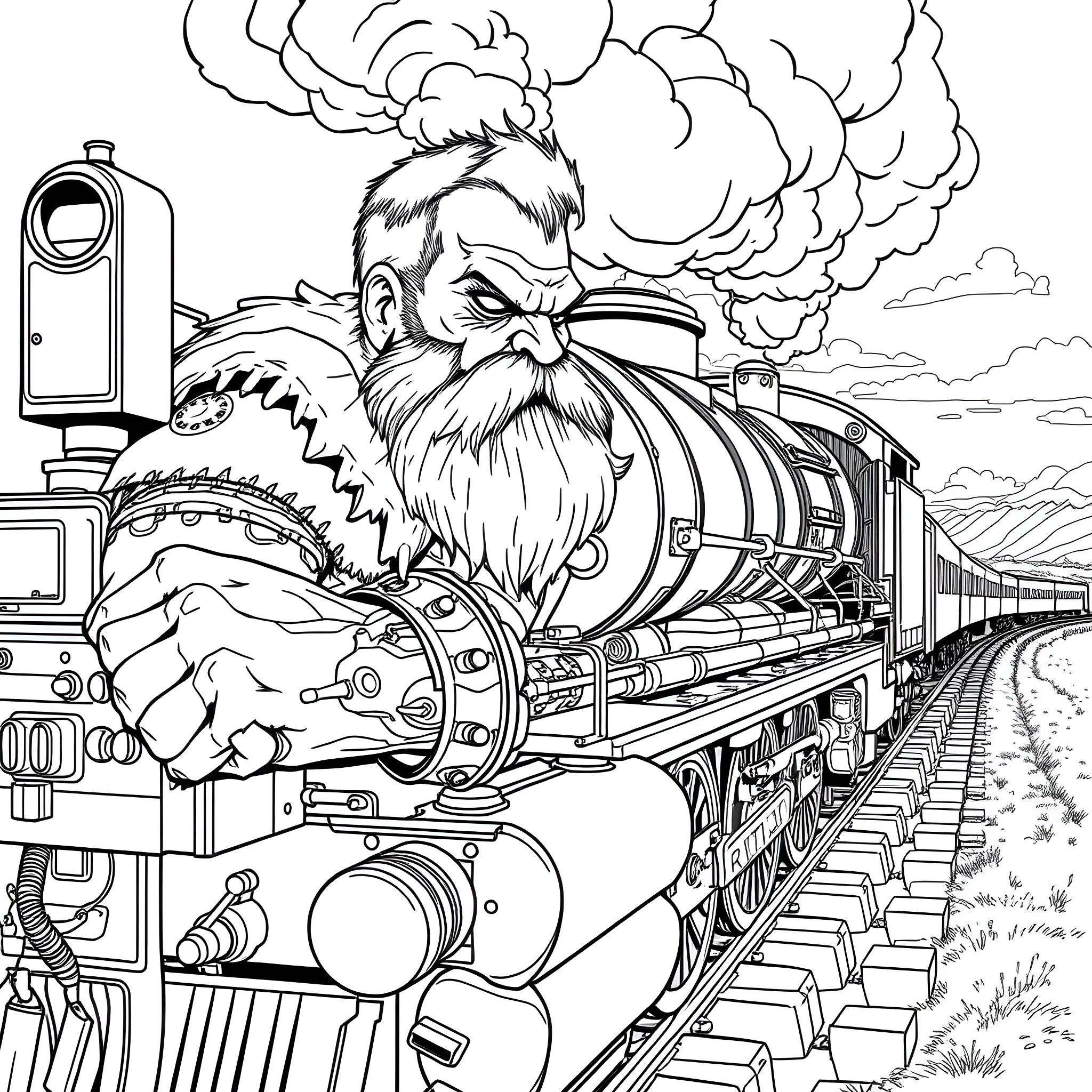 Ork engineer operating an old steam locomotive Coloring Page (free black-and-white line drawing printable PDF for all, from beginners to advanced learners, including children, teens, adults, and seniors)