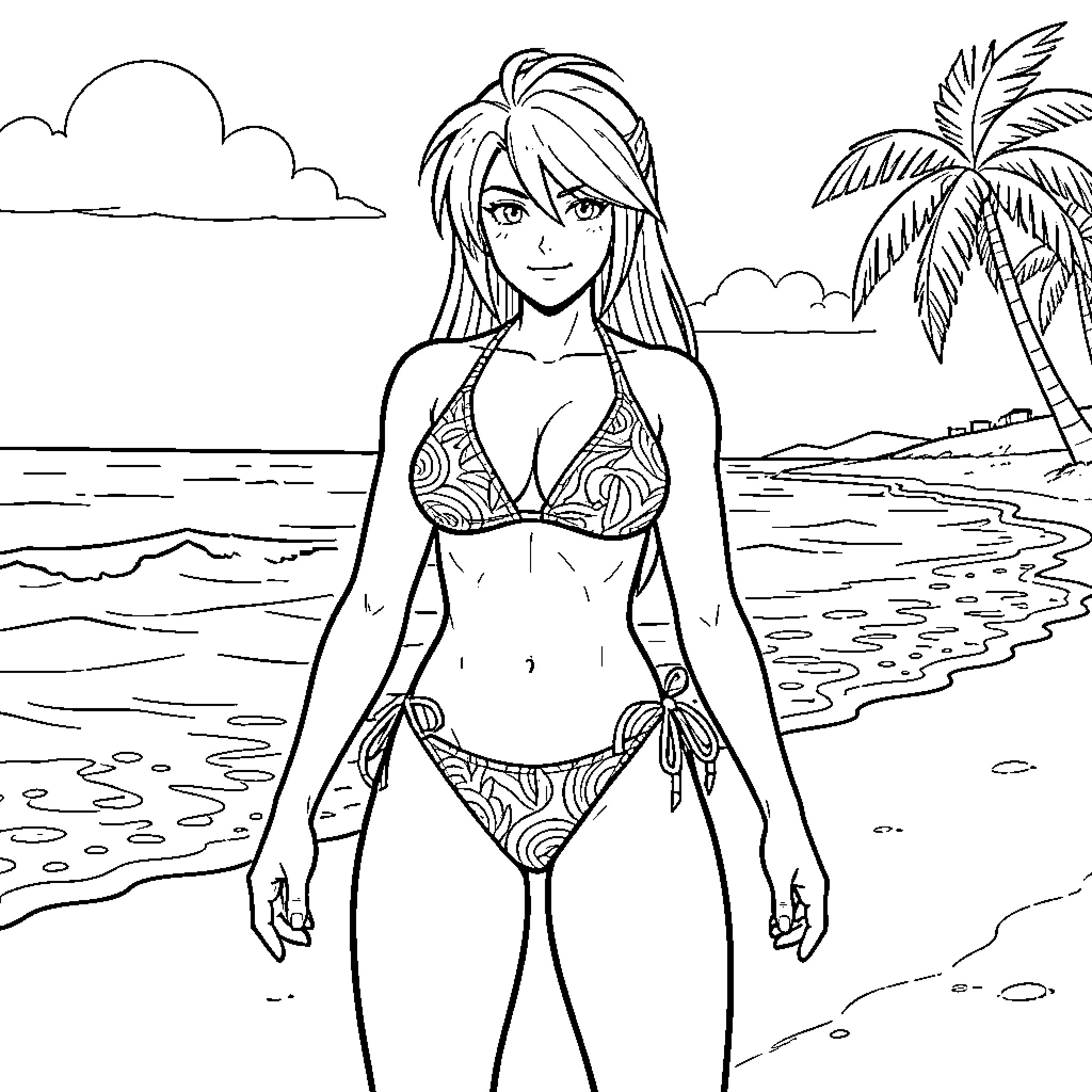Cammy White enjoying a sunny beach day Coloring Page (free black-and-white line drawing printable PDF for all, from beginners to advanced learners, including children, teens, adults, and seniors)