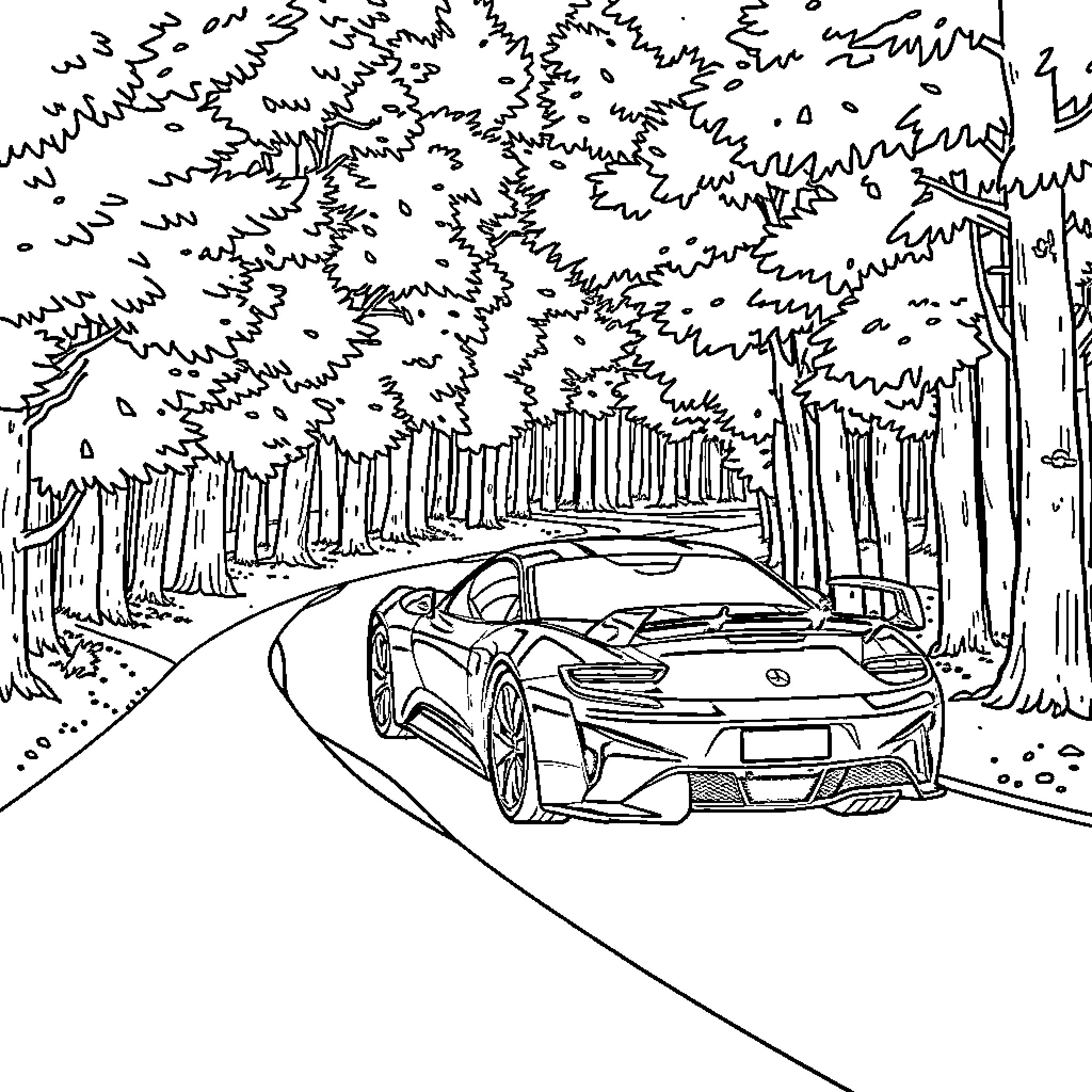 Car speeding through a forest road Coloring Page (free black-and-white line drawing printable PDF for all, from beginners to advanced learners, including children, teens, adults, and seniors)