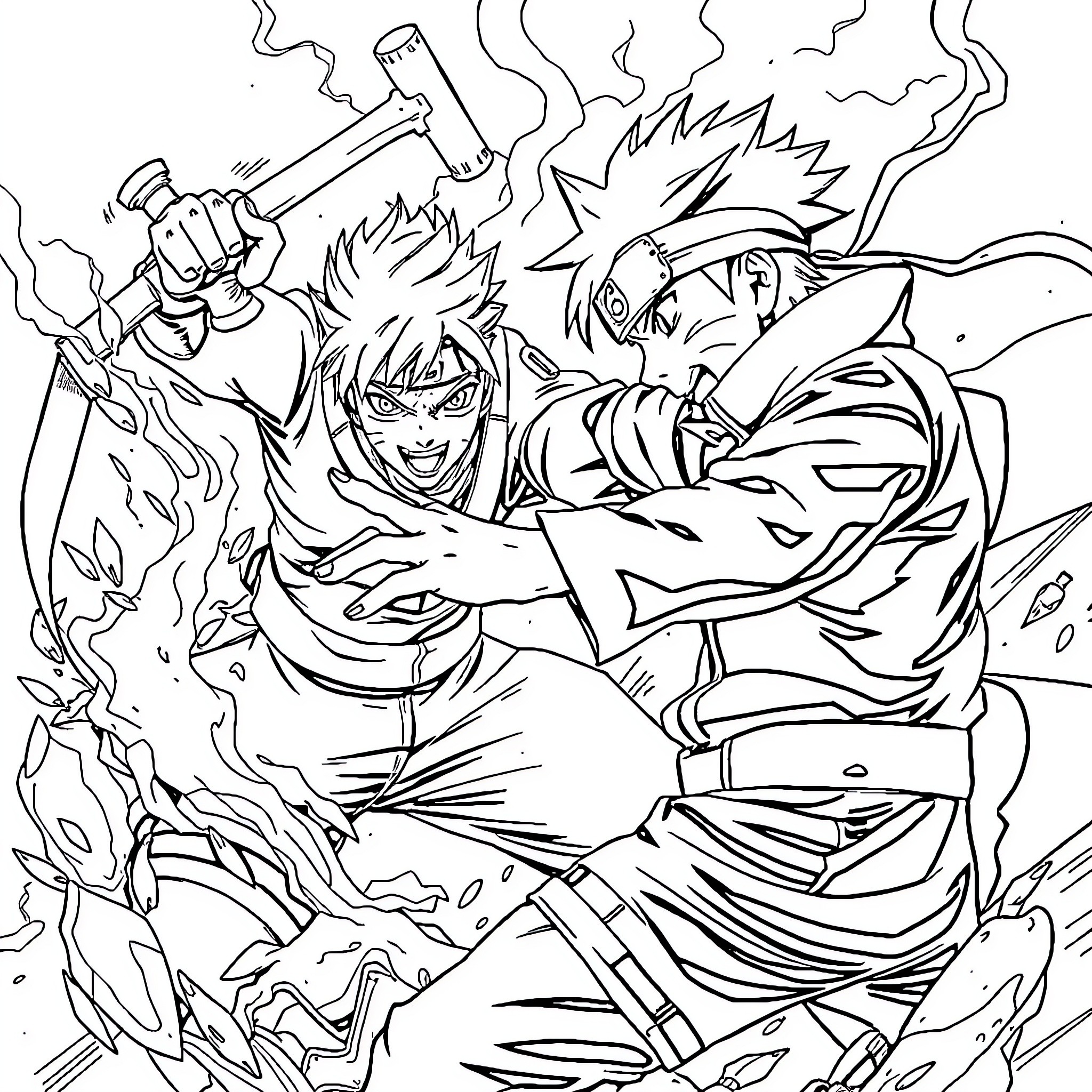 Naruto characters in intense battle action Coloring Page (free black-and-white line drawing printable PDF for all, from beginners to advanced learners, including children, teens, adults, and seniors)