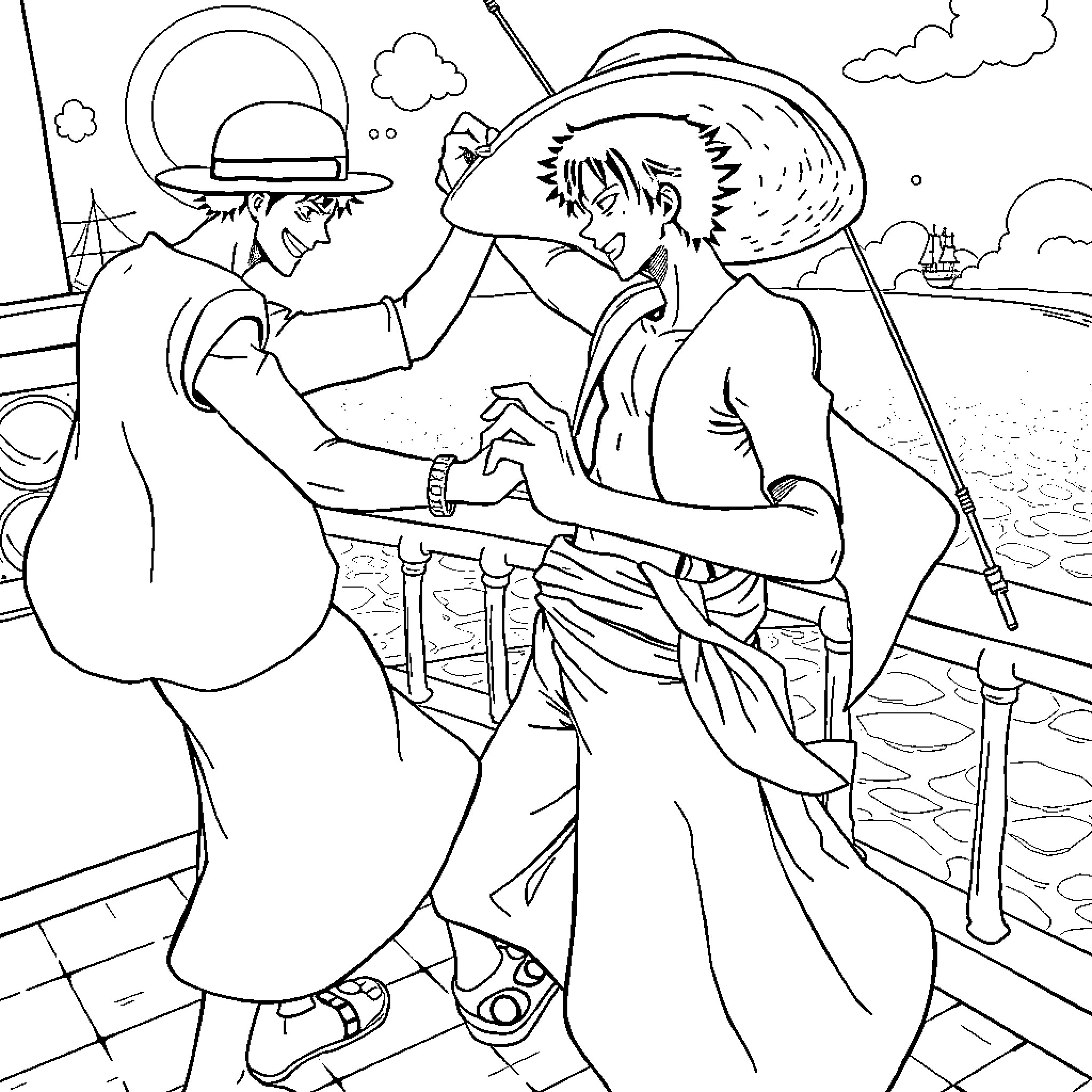 Zoro's Energetic Swordplay by the Shore Coloring Page (free black-and-white line drawing printable PDF for all, from beginners to advanced learners, including children, teens, adults, and seniors)