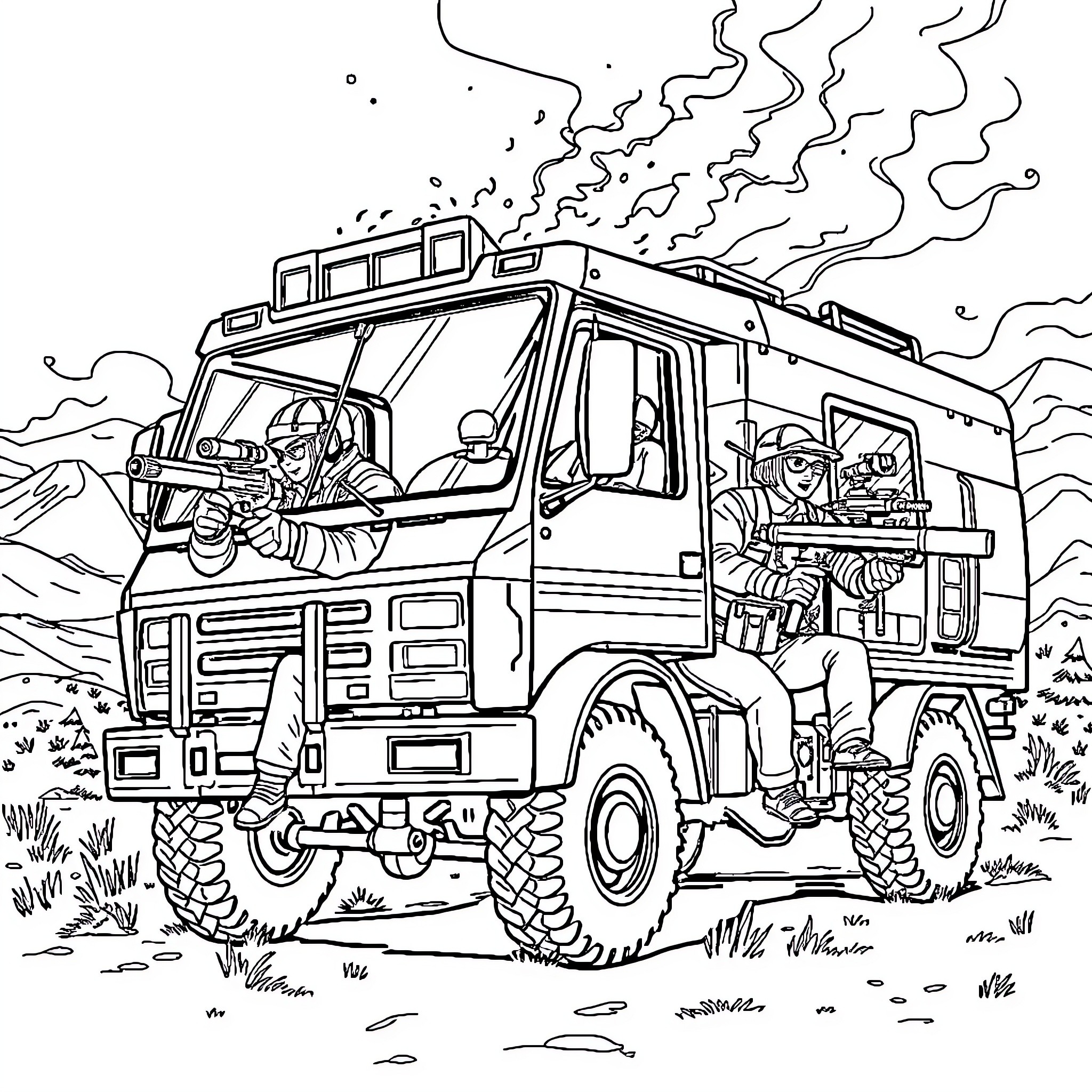 Twistex extreme off-road vehicle expedition Coloring Page (free black-and-white line drawing printable PDF for all, from beginners to advanced learners, including children, teens, adults, and seniors)
