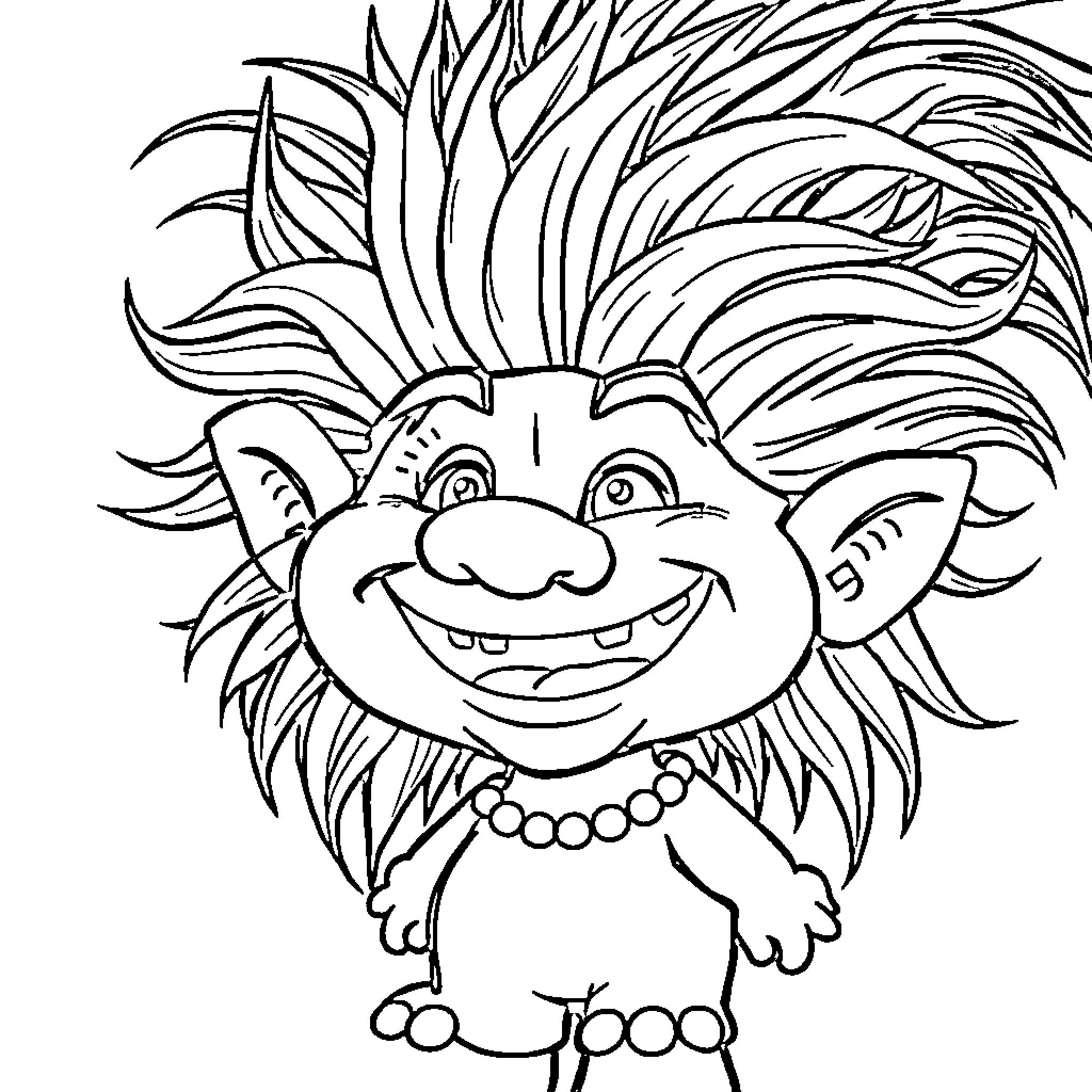 Troll Doll with Whimsical Expression and Hairstyle Coloring Page (free black-and-white line drawing printable PDF for all, from beginners to advanced learners, including children, teens, adults, and seniors)