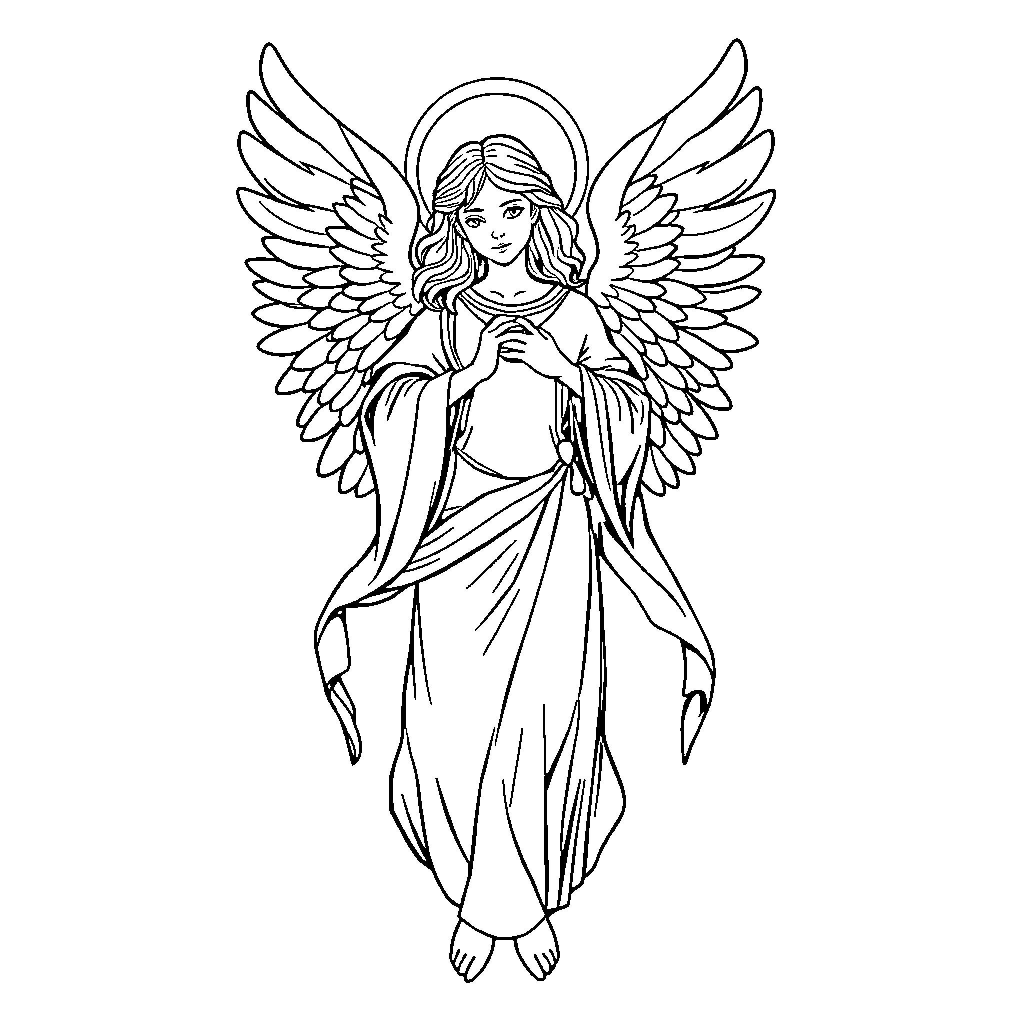 Angel with flowing robes and outstretched wings Coloring Page (free black-and-white line drawing printable PDF for all, from beginners to advanced learners, including children, teens, adults, and seniors)