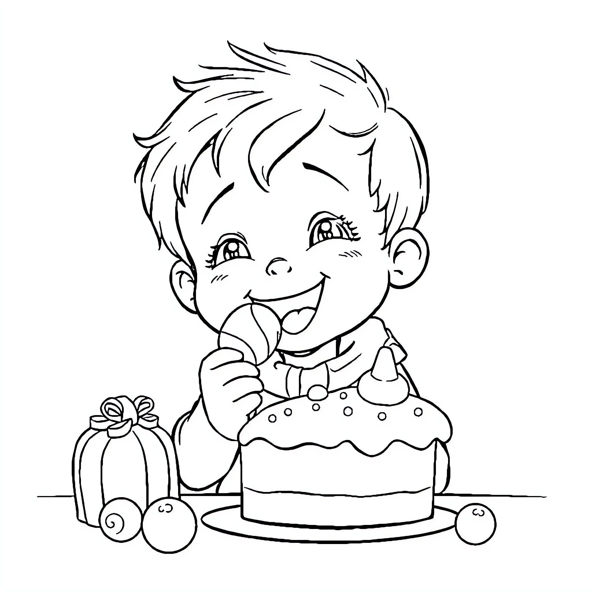 Child celebrating birthday with cake and presents Coloring Page (free black-and-white line drawing printable PDF for all, from beginners to advanced learners, including children, teens, adults, and seniors)