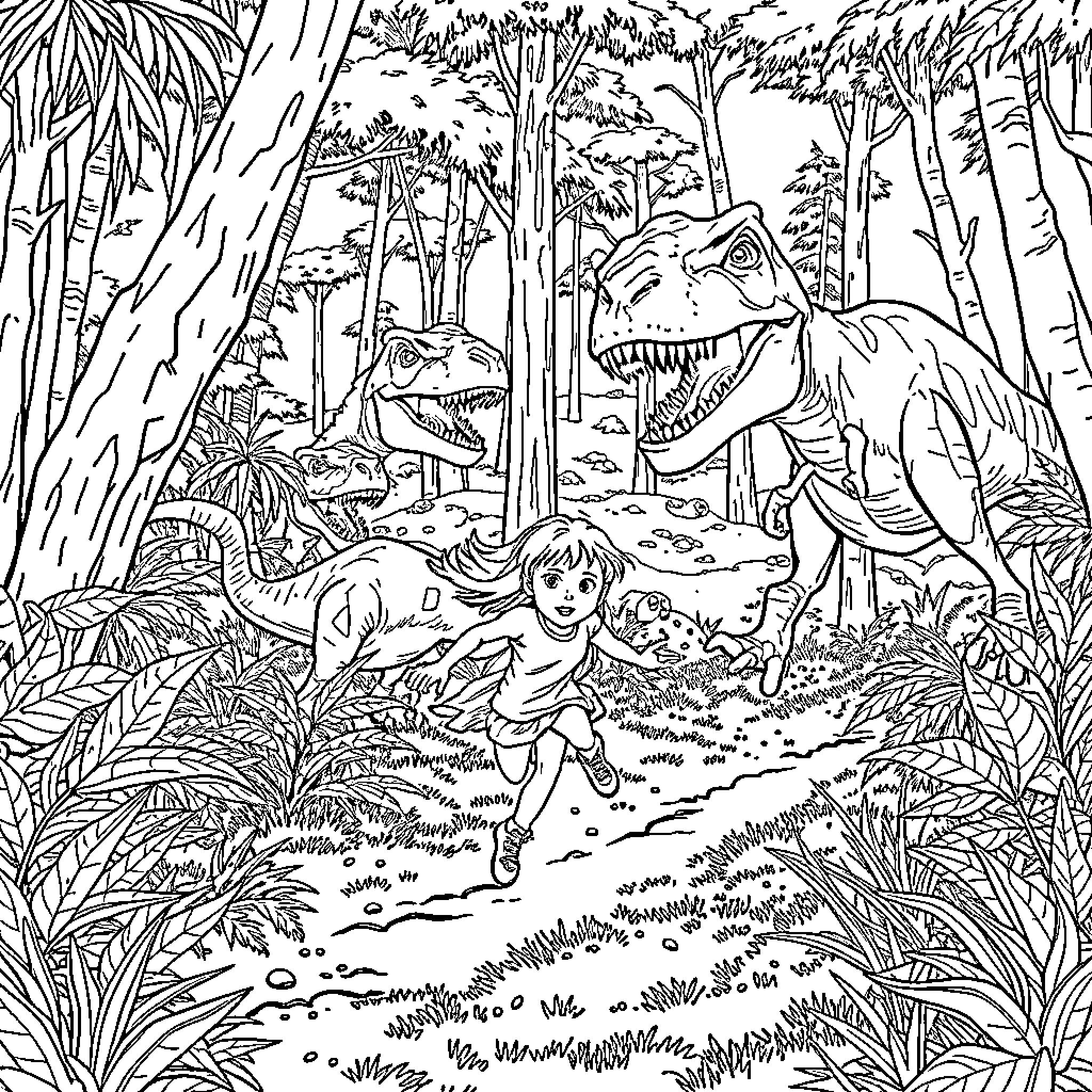 Girl exploring the prehistoric jungle with dinosaurs Coloring Page (free black-and-white line drawing printable PDF for all, from beginners to advanced learners, including children, teens, adults, and seniors)