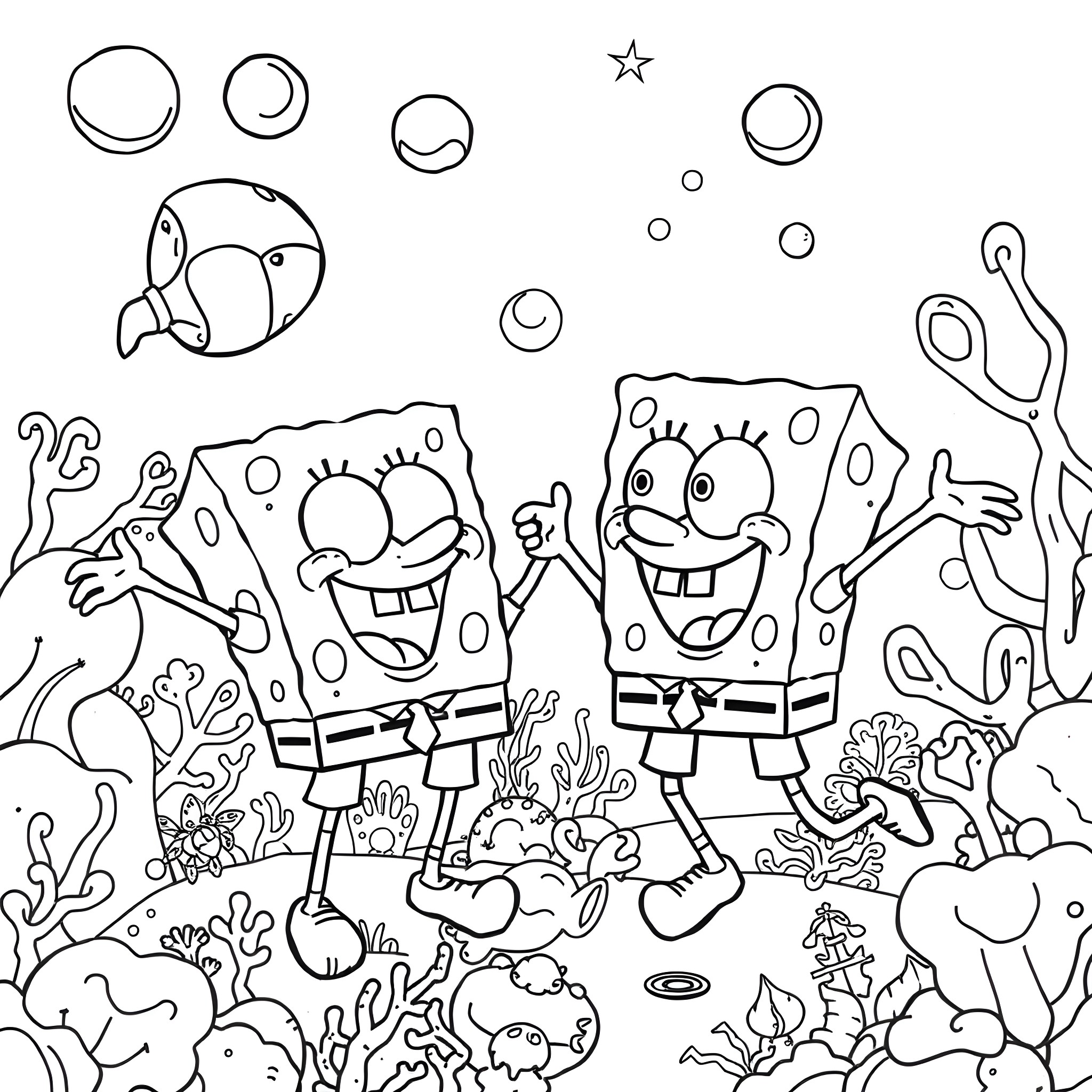 Spongebob and Patrick in an underwater adventure Coloring Page (free black-and-white line drawing printable PDF for all, from beginners to advanced learners, including children, teens, adults, and seniors)
