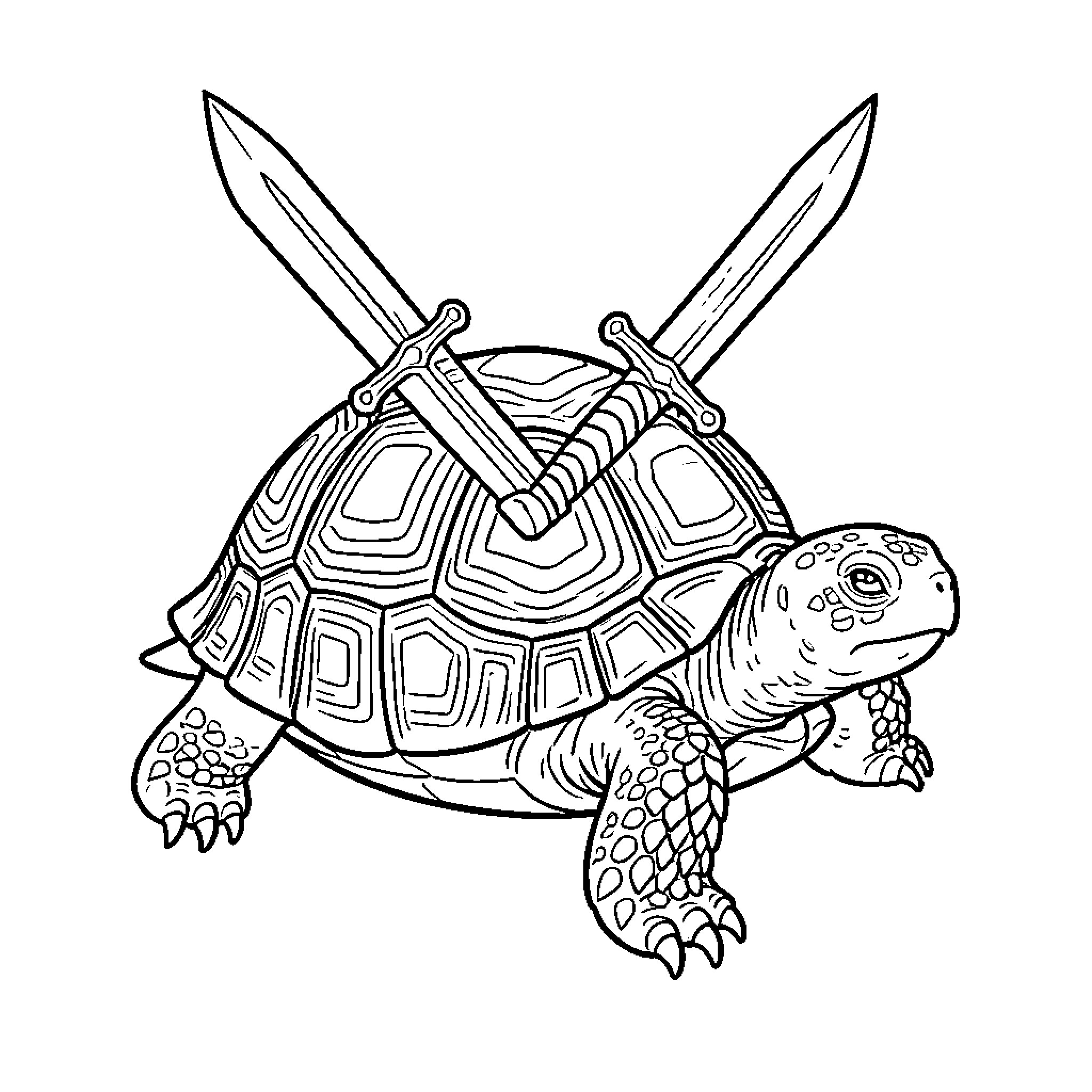 Turtle with two crossed swords on its shell Coloring Page (free black-and-white line drawing printable PDF for all, from beginners to advanced learners, including children, teens, adults, and seniors)