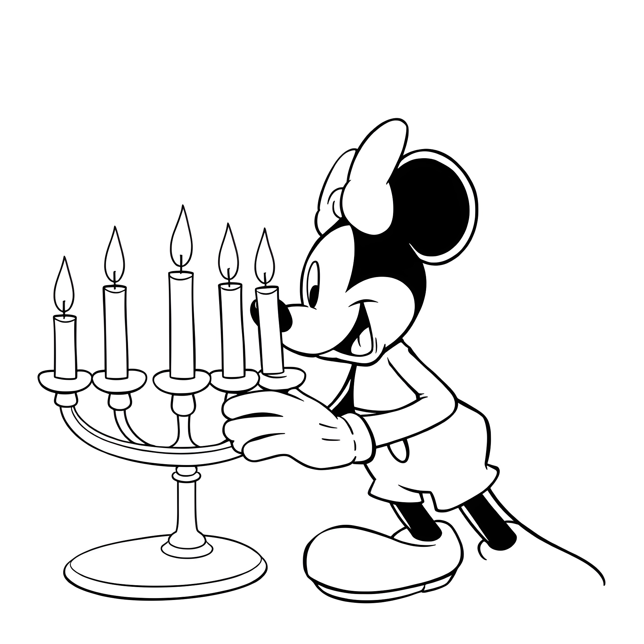Mickey Lighting Hanukkah Candles with Joy Coloring Page (free black-and-white line drawing printable PDF for all, from beginners to advanced learners, including children, teens, adults, and seniors)