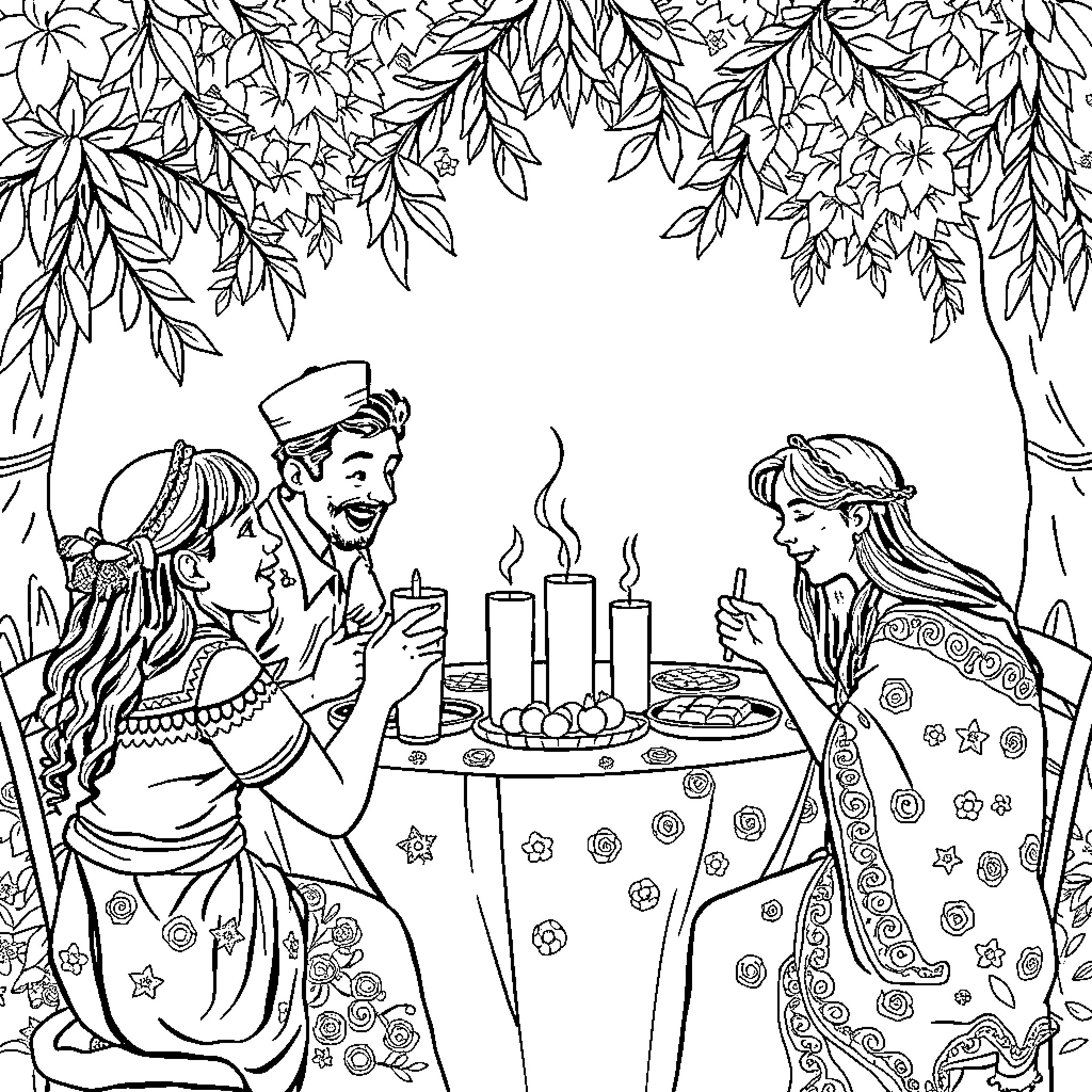 Sukkot celebration with people in traditional outfits Coloring Page (free black-and-white line drawing printable PDF for all, from beginners to advanced learners, including children, teens, adults, and seniors)