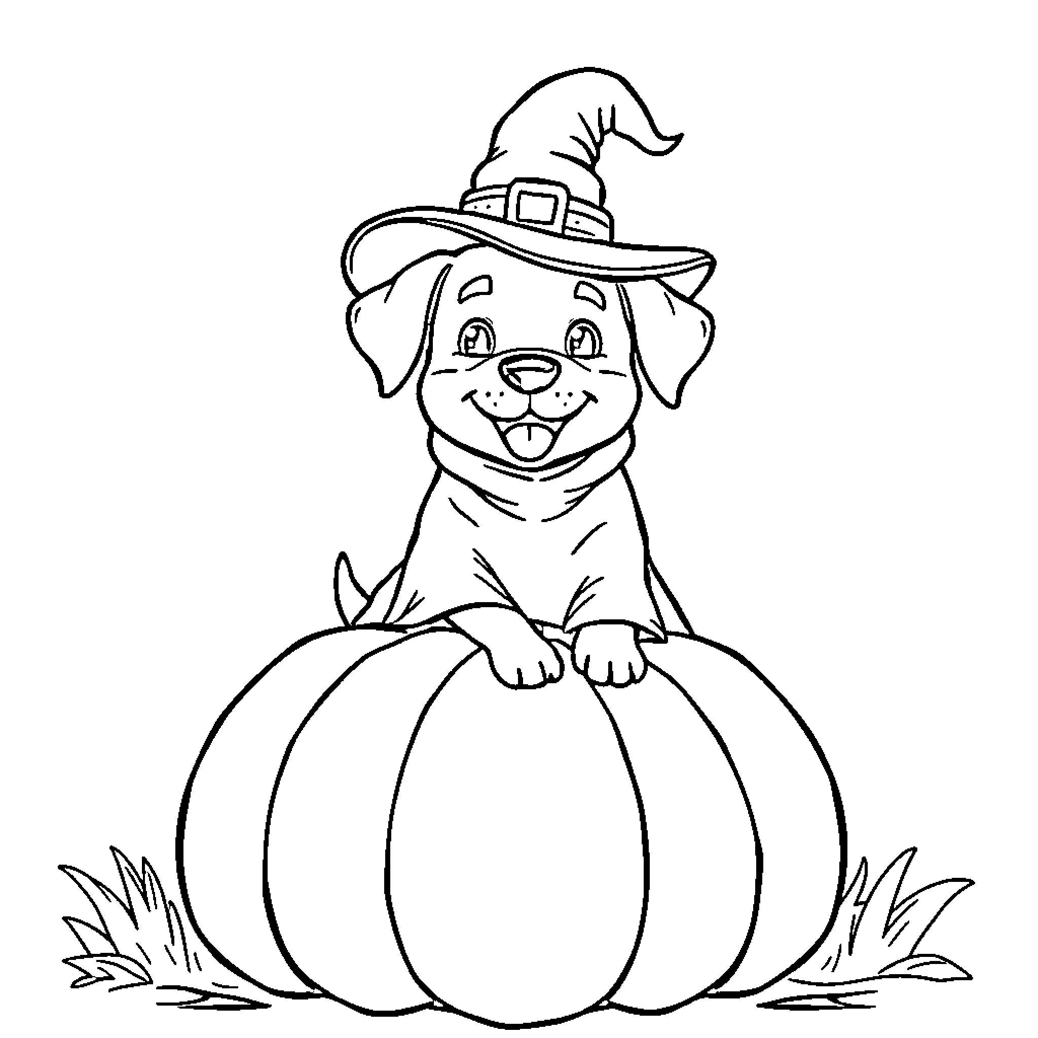 Dog sitting on a pumpkin wearing a witch hat Coloring Page (free black-and-white line drawing printable PDF for all, from beginners to advanced learners, including children, teens, adults, and seniors)