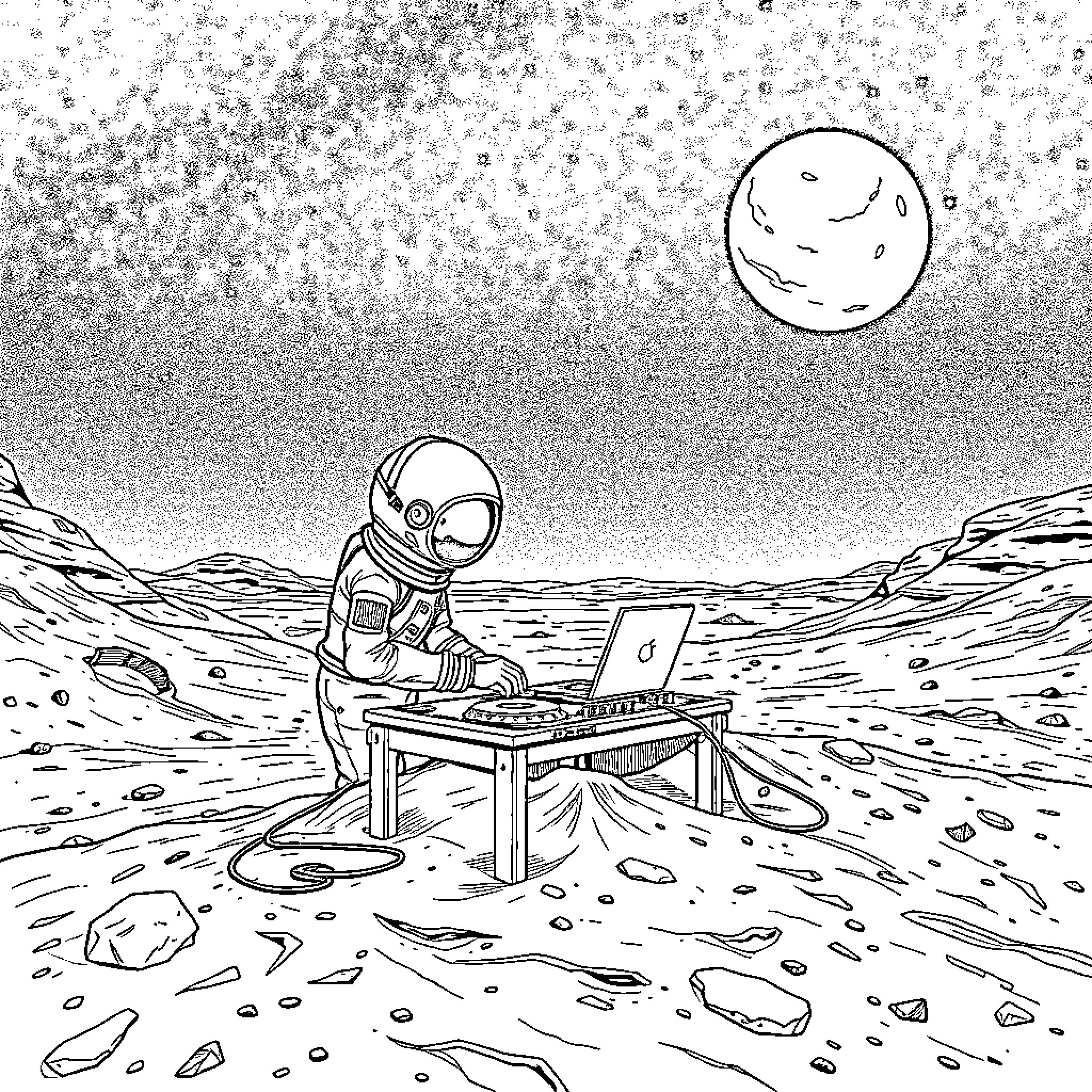 DJ Astronaut working on the lunar surface Coloring Page (free black-and-white line drawing printable PDF for all, from beginners to advanced learners, including children, teens, adults, and seniors)