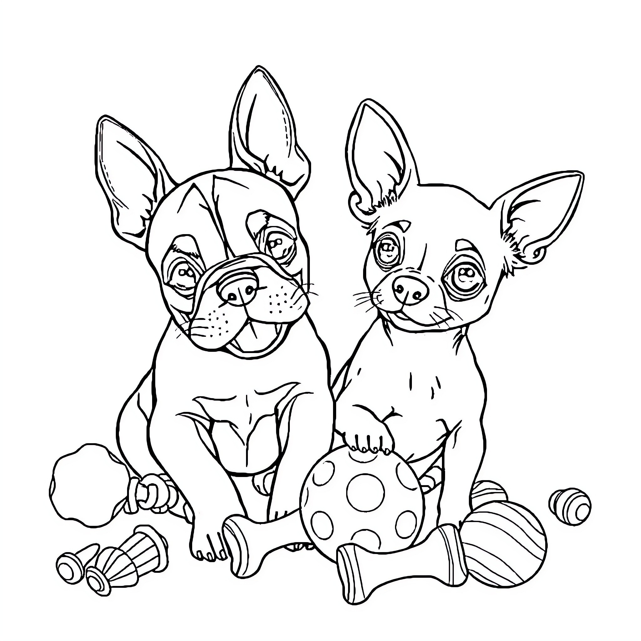 Dogs playing with toys in the room Coloring Page (free black-and-white line drawing printable PDF for all, from beginners to advanced learners, including children, teens, adults, and seniors)