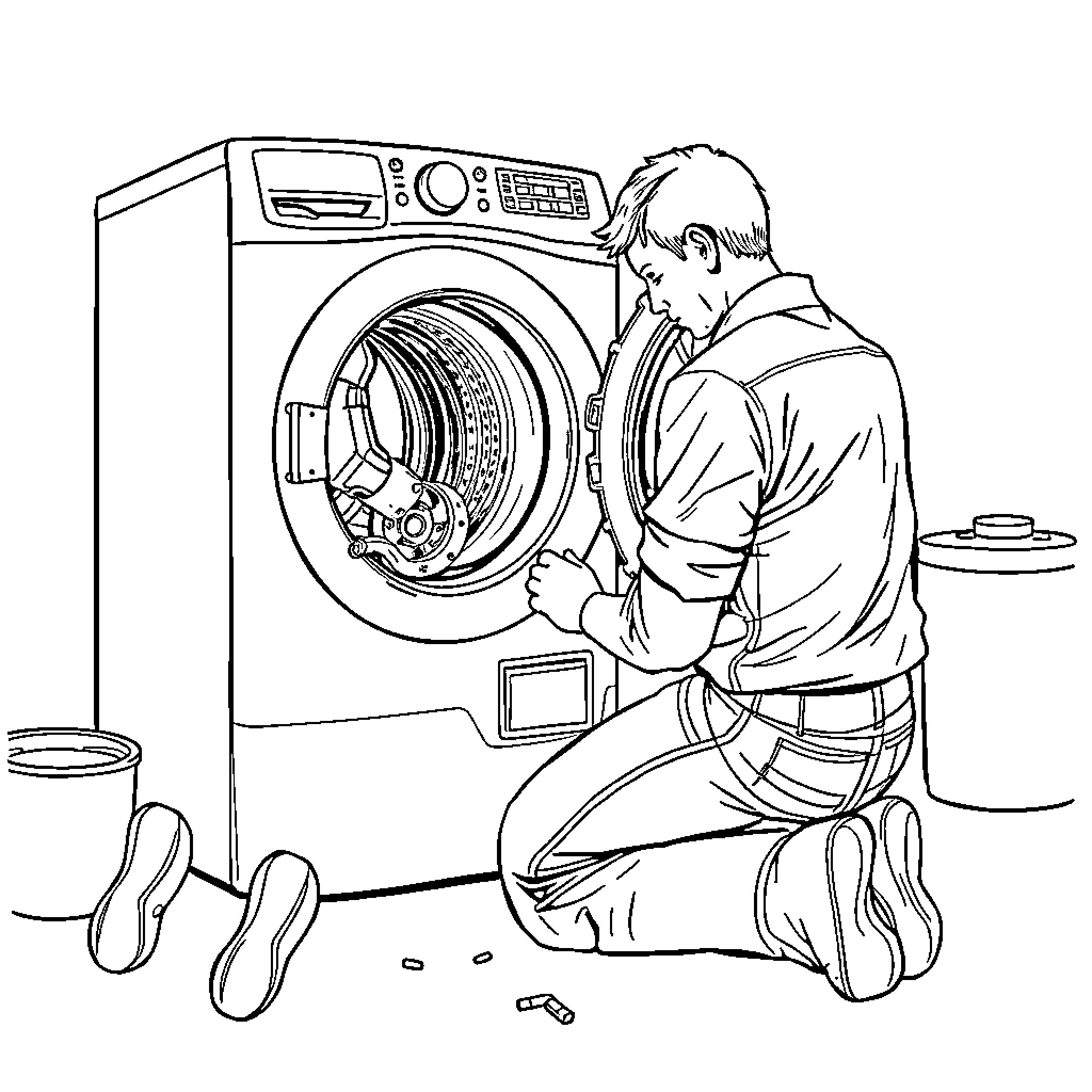 Appliance Repair Man Fixing Washing Machine Coloring Page (free black-and-white line drawing printable PDF for all, from beginners to advanced learners, including children, teens, adults, and seniors)