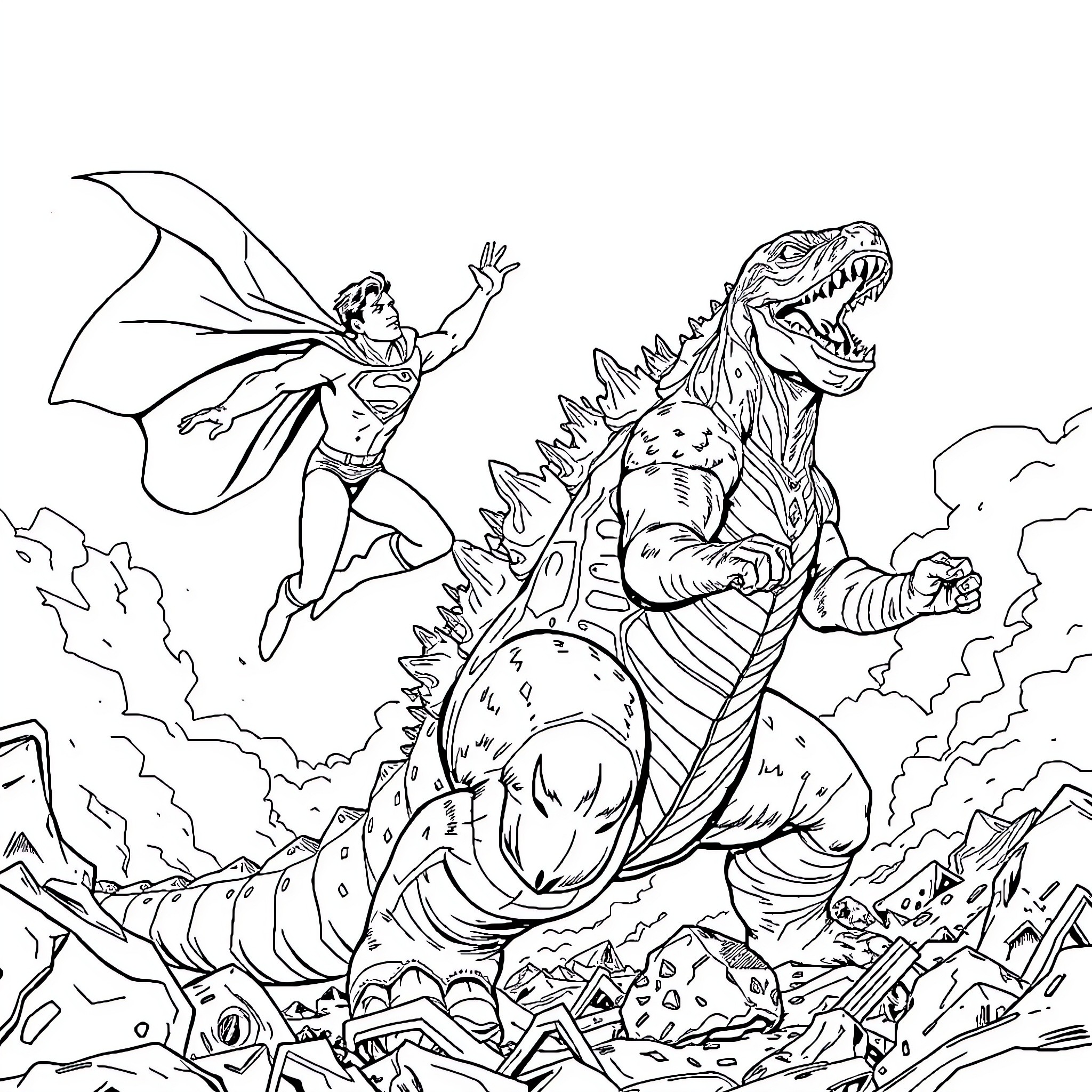 Superman battles a fearsome dinosaur monster Coloring Page (free black-and-white line drawing printable PDF for all, from beginners to advanced learners, including children, teens, adults, and seniors)