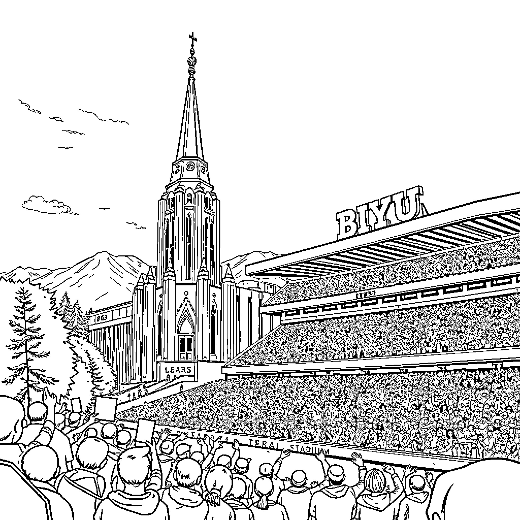Temple of religious gathering with crowds Coloring Page (free black-and-white line drawing printable PDF for all, from beginners to advanced learners, including children, teens, adults, and seniors)