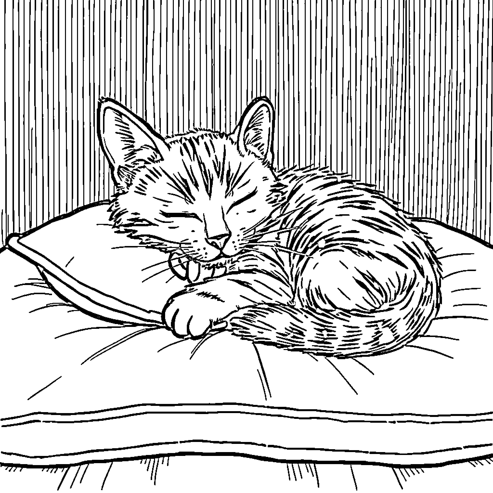 Cat resting peacefully on a pillow Coloring Page (free black-and-white line drawing printable PDF for all, from beginners to advanced learners, including children, teens, adults, and seniors)